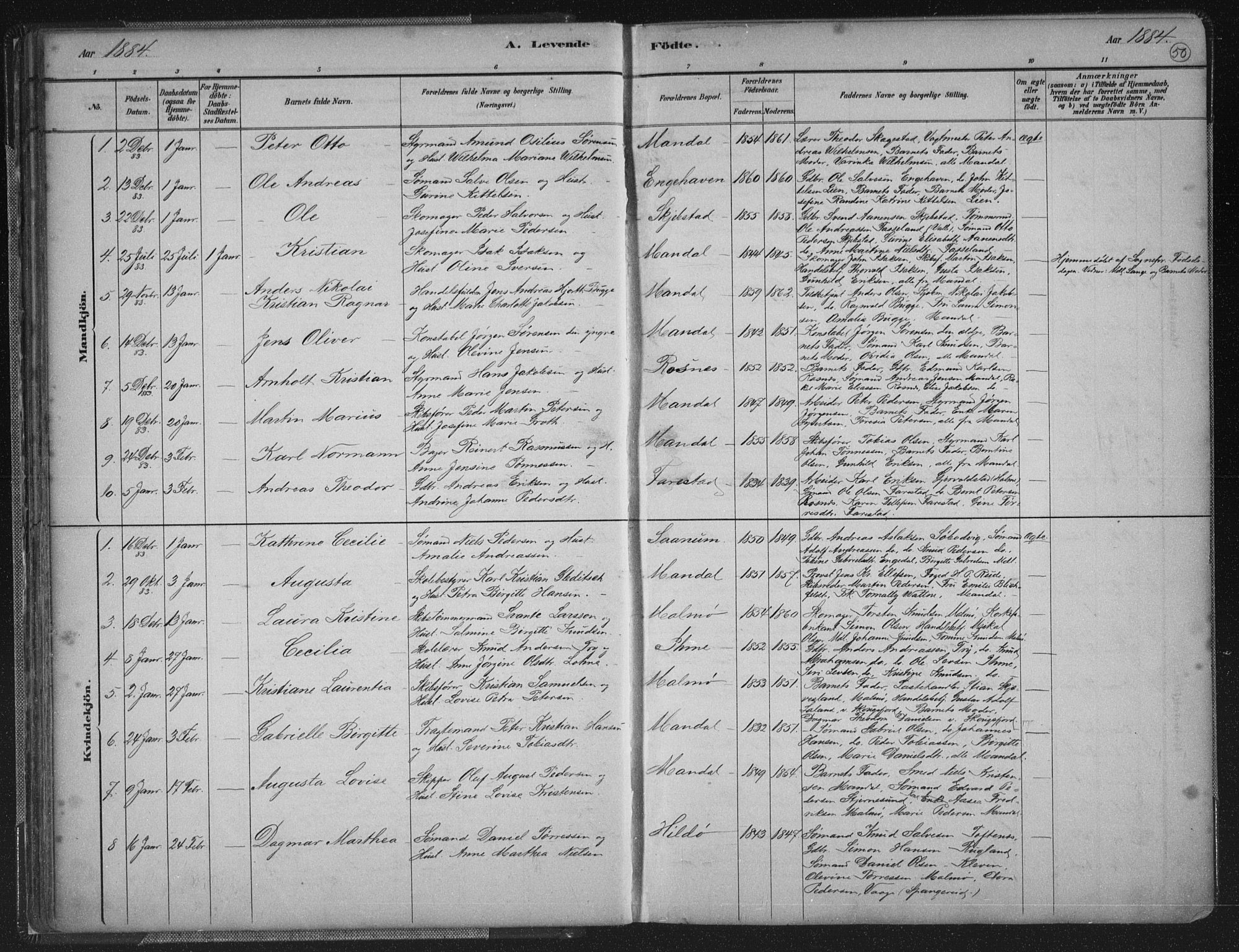 Mandal sokneprestkontor, AV/SAK-1111-0030/F/Fb/Fba/L0011: Parish register (copy) no. B 5, 1880-1898, p. 50