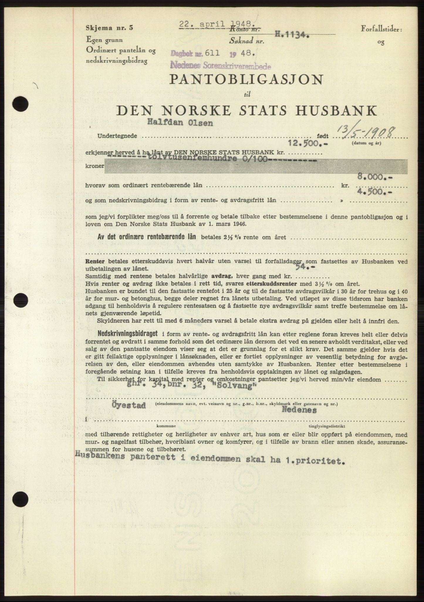 Nedenes sorenskriveri, AV/SAK-1221-0006/G/Gb/Gbb/L0005: Mortgage book no. B5, 1948-1948, Diary no: : 611/1948