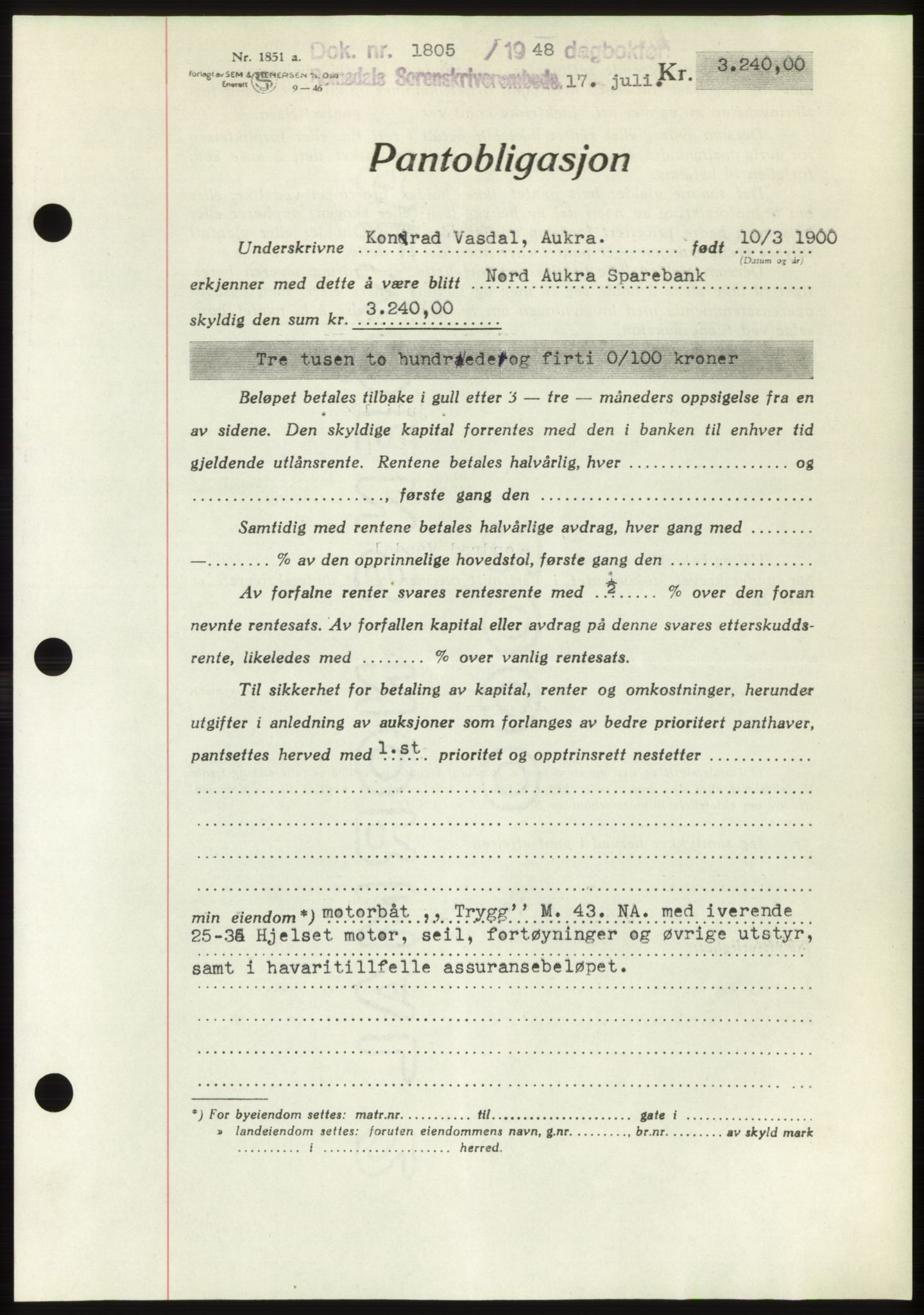 Romsdal sorenskriveri, AV/SAT-A-4149/1/2/2C: Mortgage book no. B4, 1948-1949, Diary no: : 1805/1948