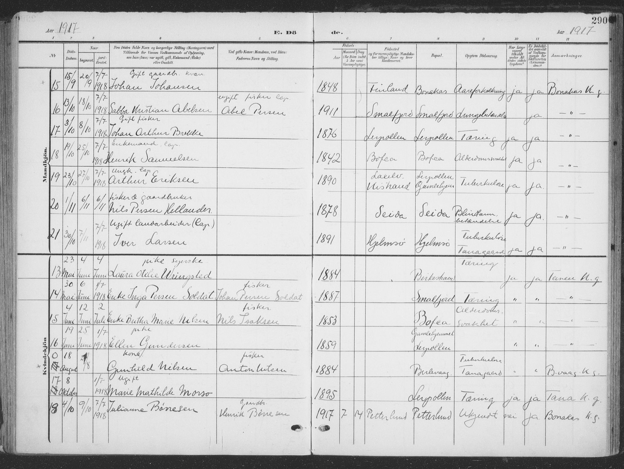 Tana sokneprestkontor, AV/SATØ-S-1334/H/Ha/L0007kirke: Parish register (official) no. 7, 1904-1918, p. 290