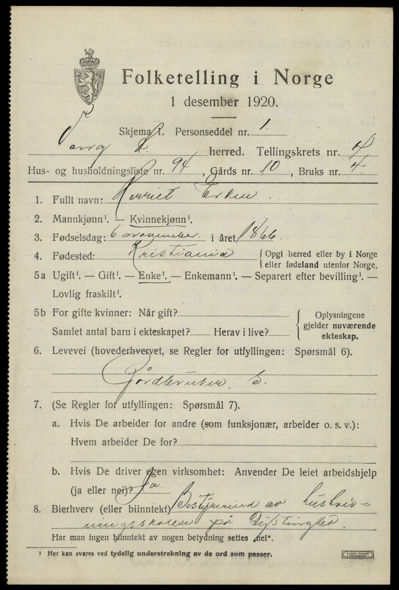 SAH, 1920 census for Vang (Hedmark), 1920, p. 13461