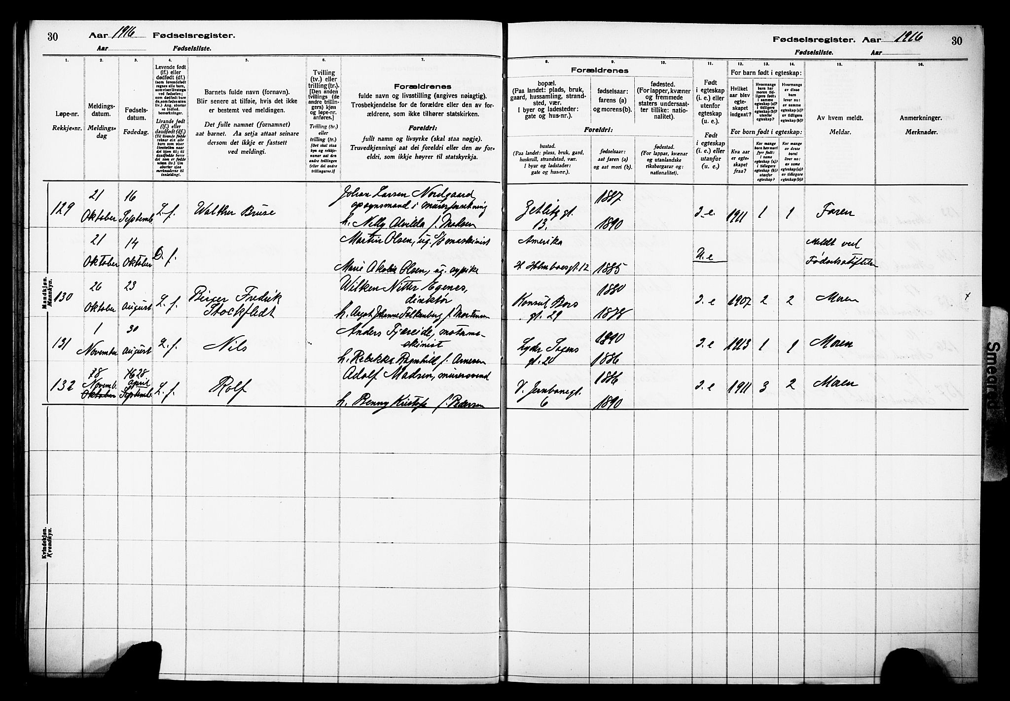 Johanneskirken sokneprestembete, AV/SAB-A-76001/I/Id/L00A1: Birth register no. A 1, 1916-1924, p. 30