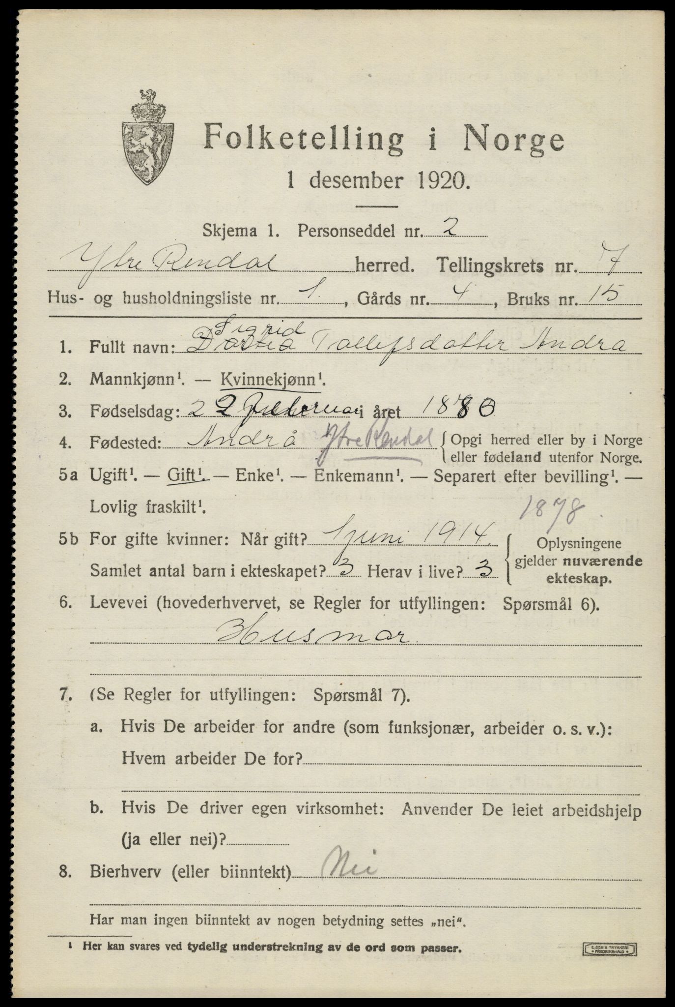 SAH, 1920 census for Ytre Rendal, 1920, p. 3647