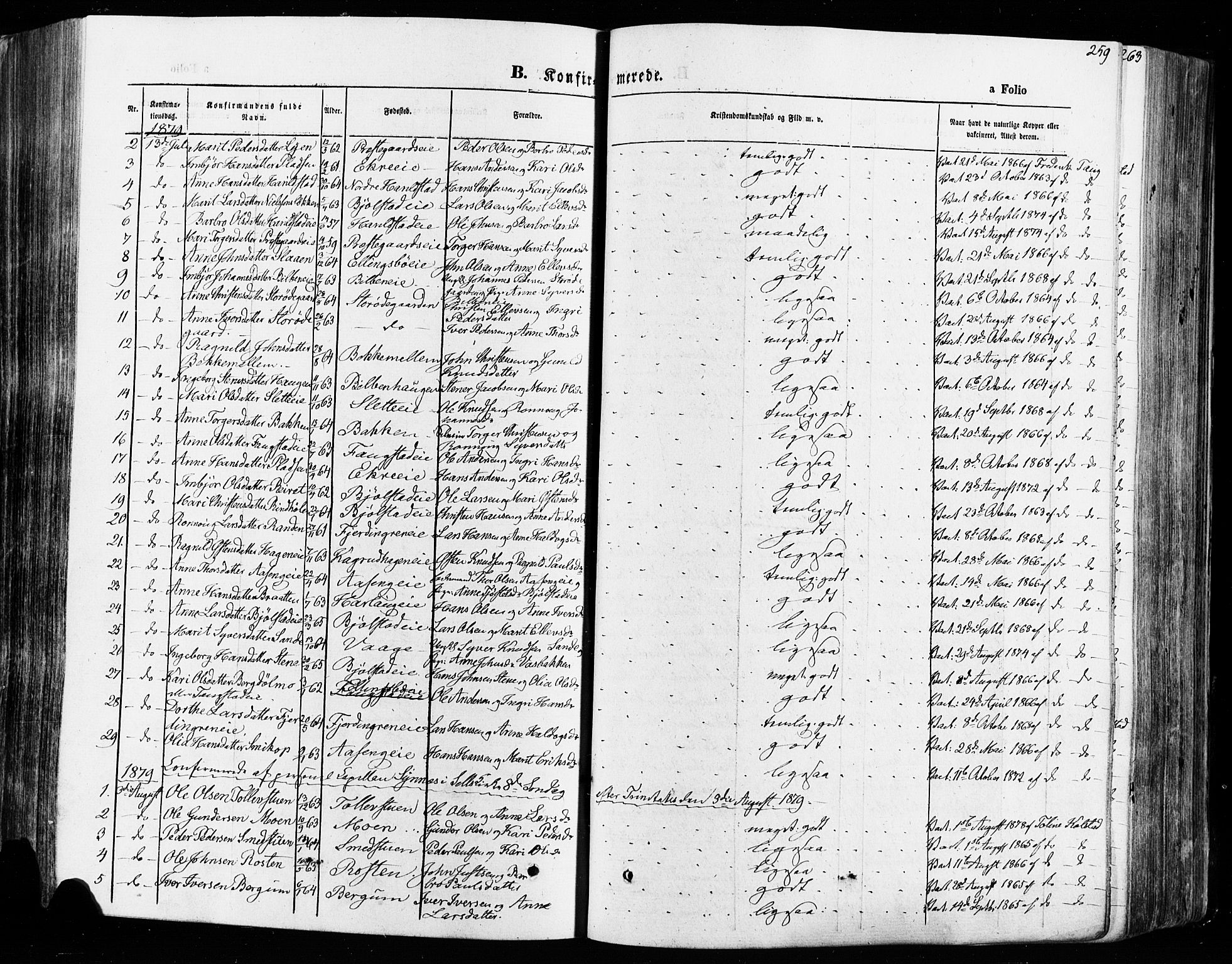 Vågå prestekontor, AV/SAH-PREST-076/H/Ha/Haa/L0007: Parish register (official) no. 7 /1, 1872-1886, p. 259