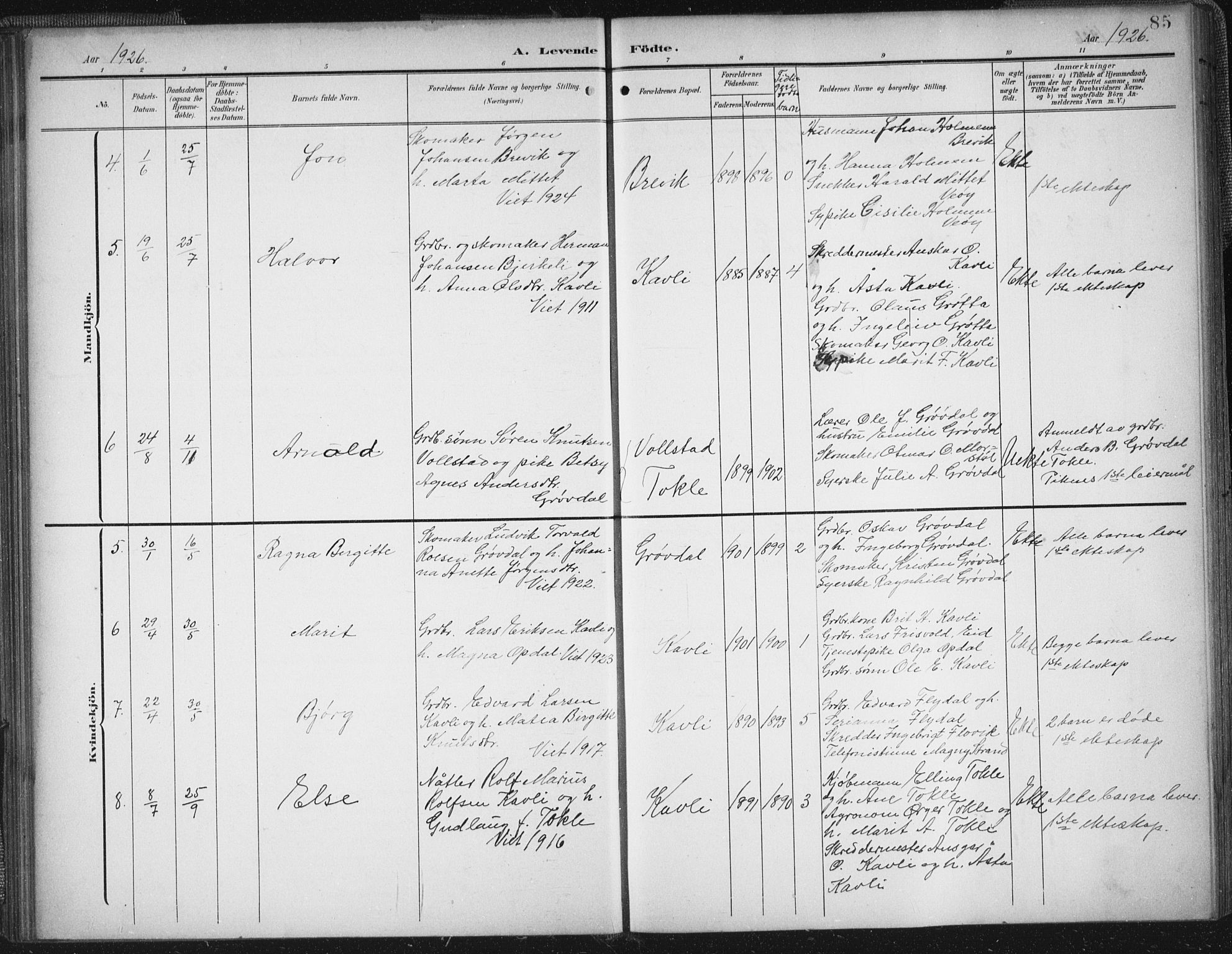Ministerialprotokoller, klokkerbøker og fødselsregistre - Møre og Romsdal, SAT/A-1454/545/L0589: Parish register (copy) no. 545C03, 1902-1937, p. 85