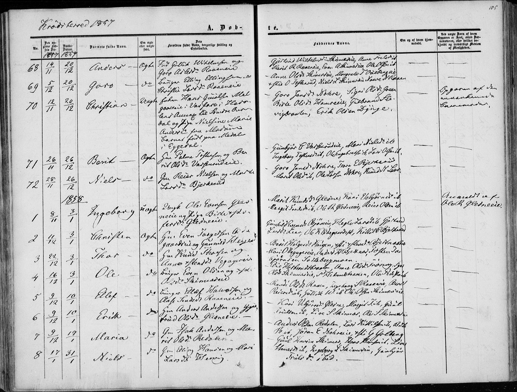 Sigdal kirkebøker, AV/SAKO-A-245/F/Fa/L0008: Parish register (official) no. I 8, 1850-1859, p. 105