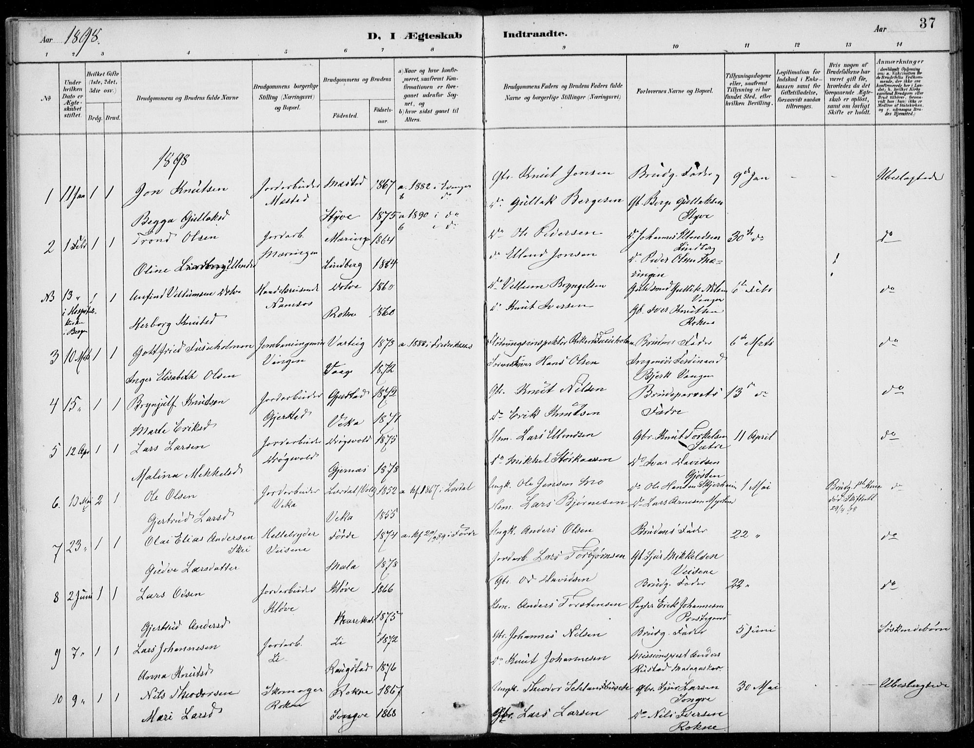 Voss sokneprestembete, SAB/A-79001/H/Haa: Parish register (official) no. C  1, 1887-1915, p. 37