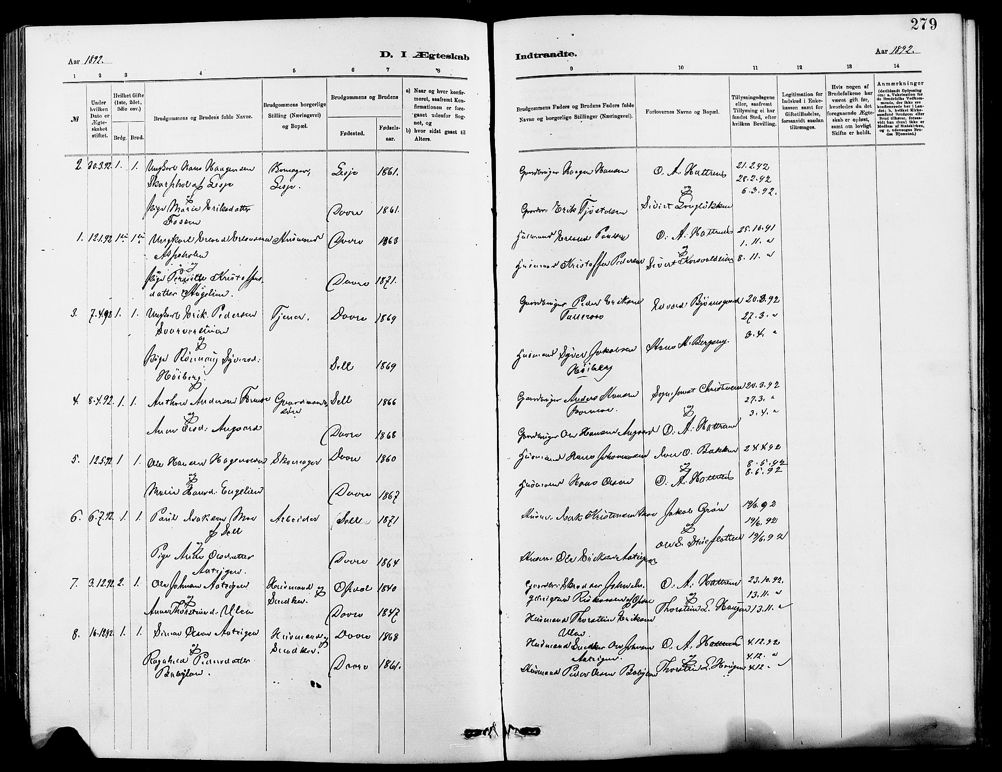 Dovre prestekontor, SAH/PREST-066/H/Ha/Hab/L0002: Parish register (copy) no. 2, 1881-1907, p. 279