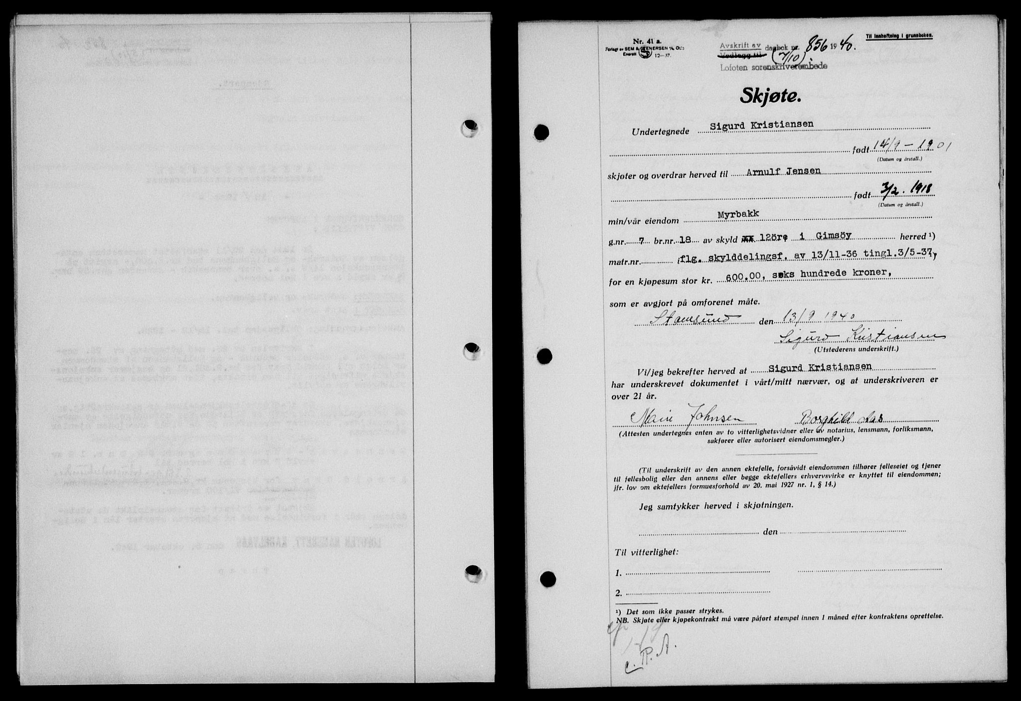 Lofoten sorenskriveri, SAT/A-0017/1/2/2C/L0007a: Mortgage book no. 7a, 1939-1940, Diary no: : 856/1940
