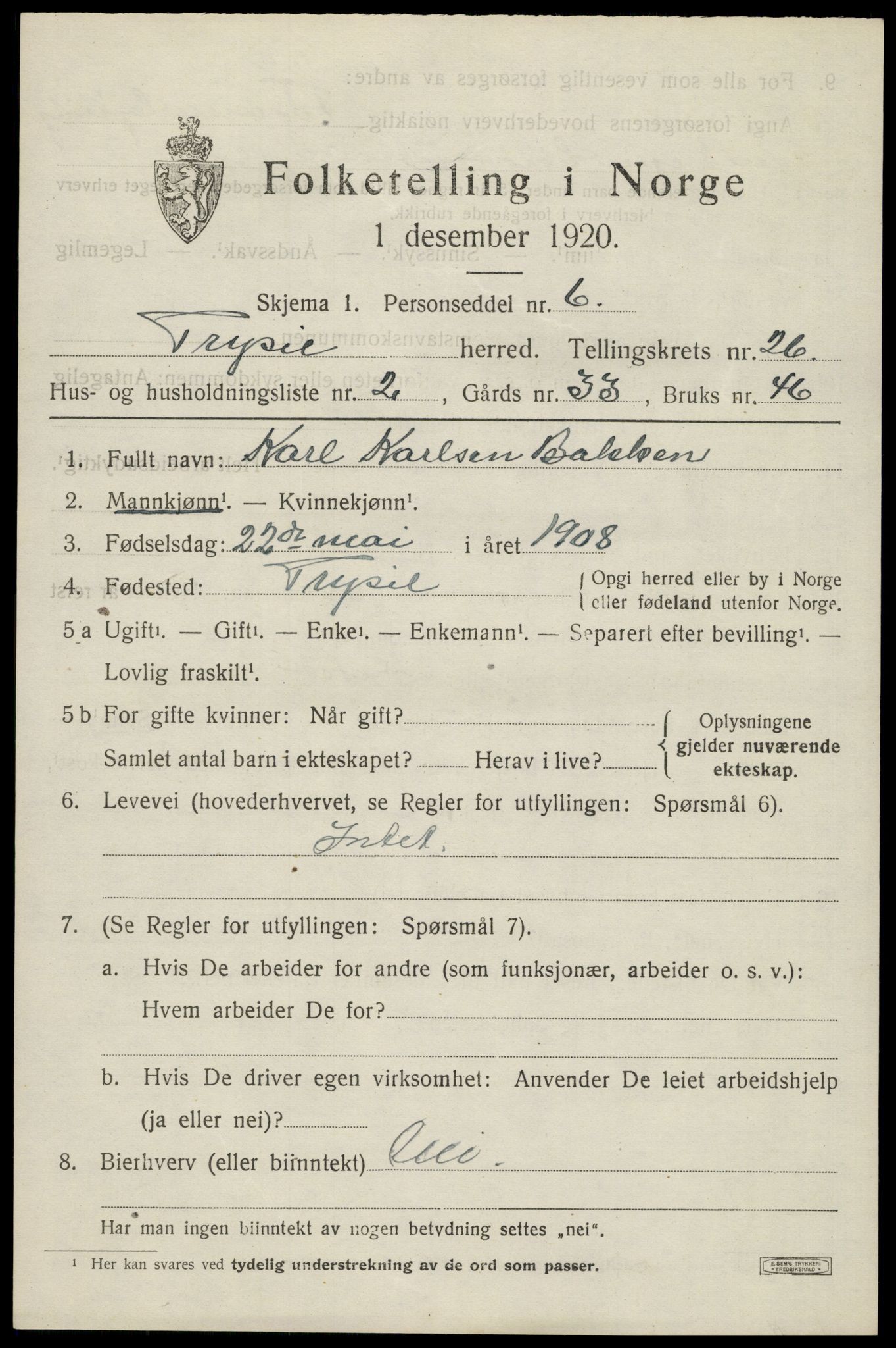 SAH, 1920 census for Trysil, 1920, p. 16127