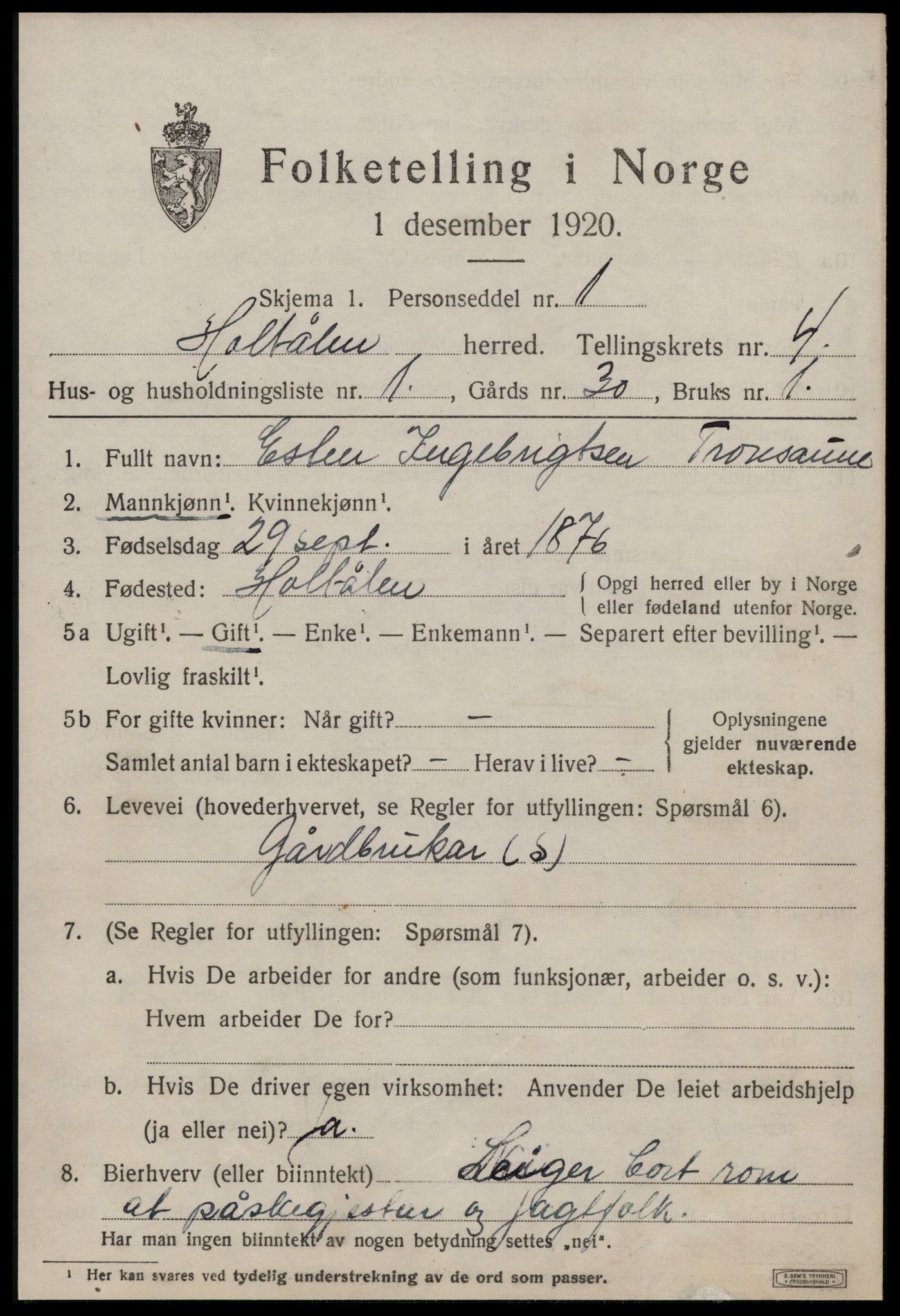 SAT, 1920 census for Haltdalen, 1920, p. 2206