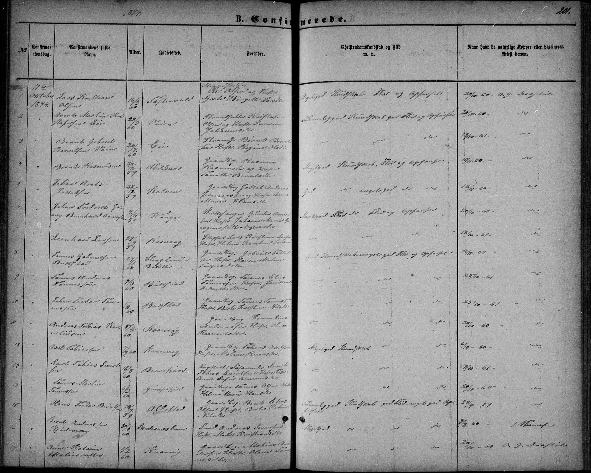 Flekkefjord sokneprestkontor, AV/SAK-1111-0012/F/Fb/Fbb/L0003: Parish register (copy) no. B 3, 1867-1889, p. 201