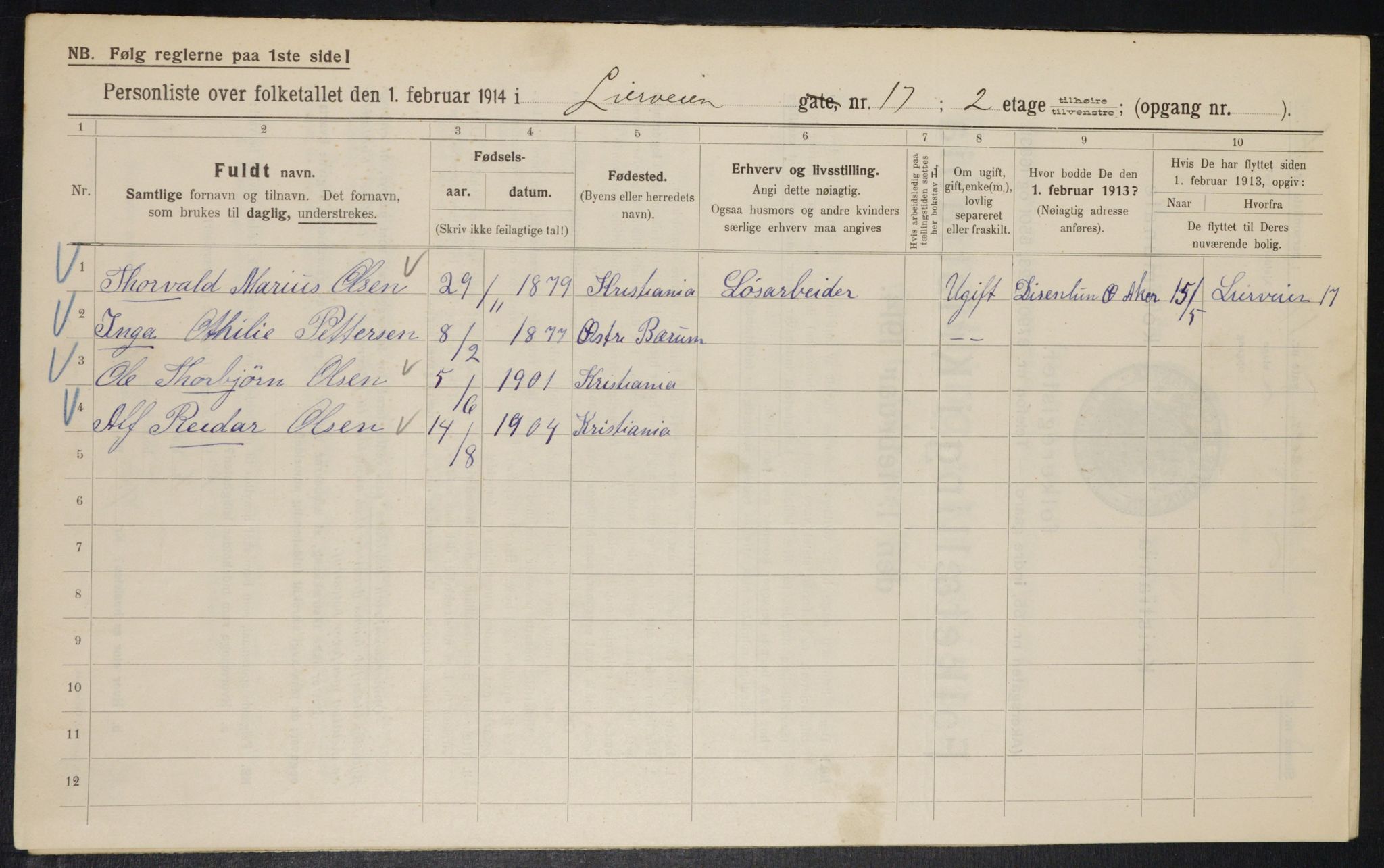 OBA, Municipal Census 1914 for Kristiania, 1914, p. 57439