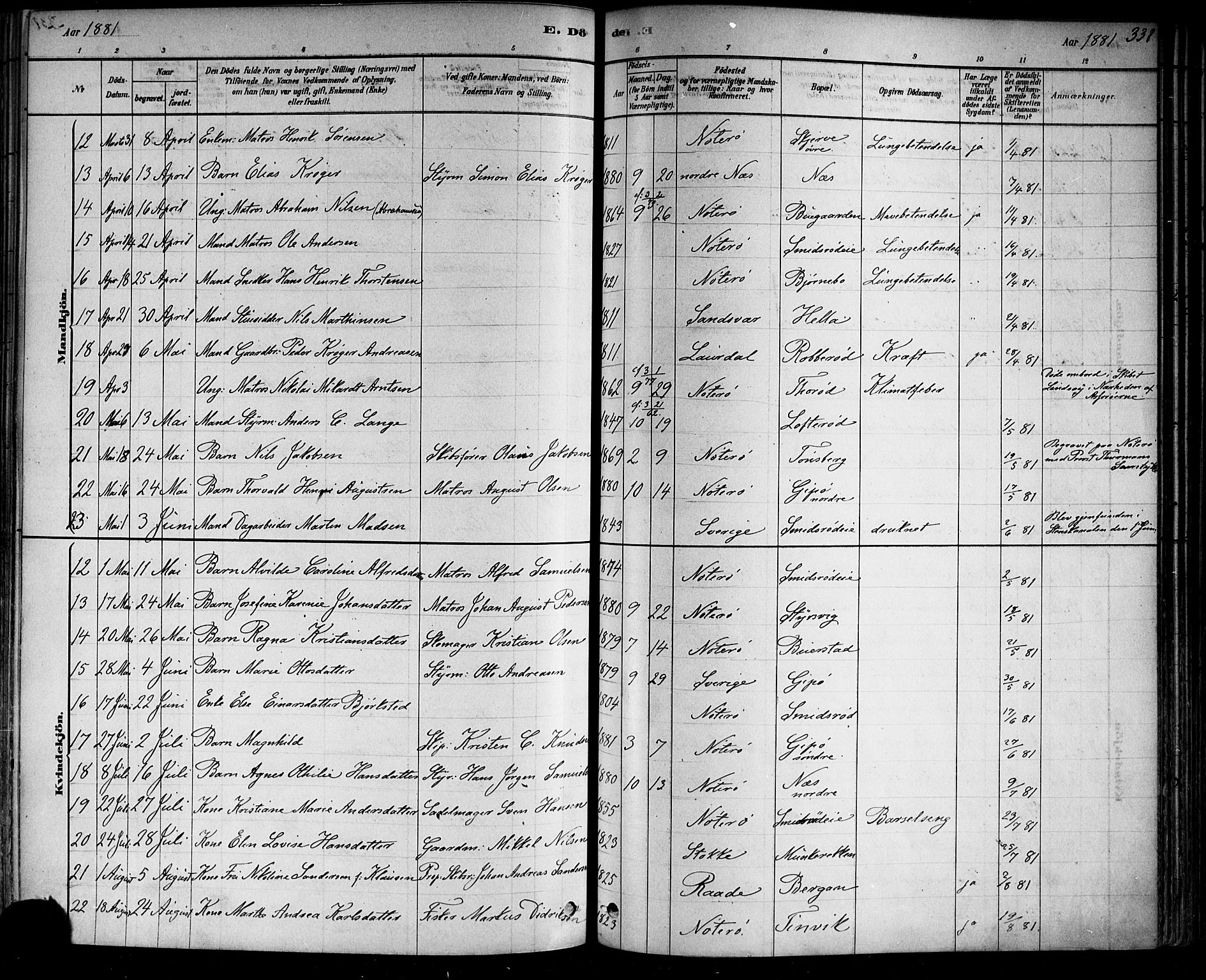 Nøtterøy kirkebøker, AV/SAKO-A-354/F/Fa/L0008: Parish register (official) no. I 8, 1878-1893, p. 331