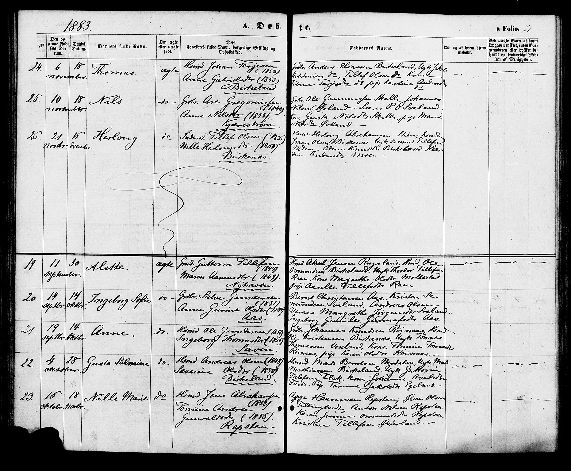 Birkenes sokneprestkontor, AV/SAK-1111-0004/F/Fa/L0004: Parish register (official) no. A 4, 1867-1886, p. 71