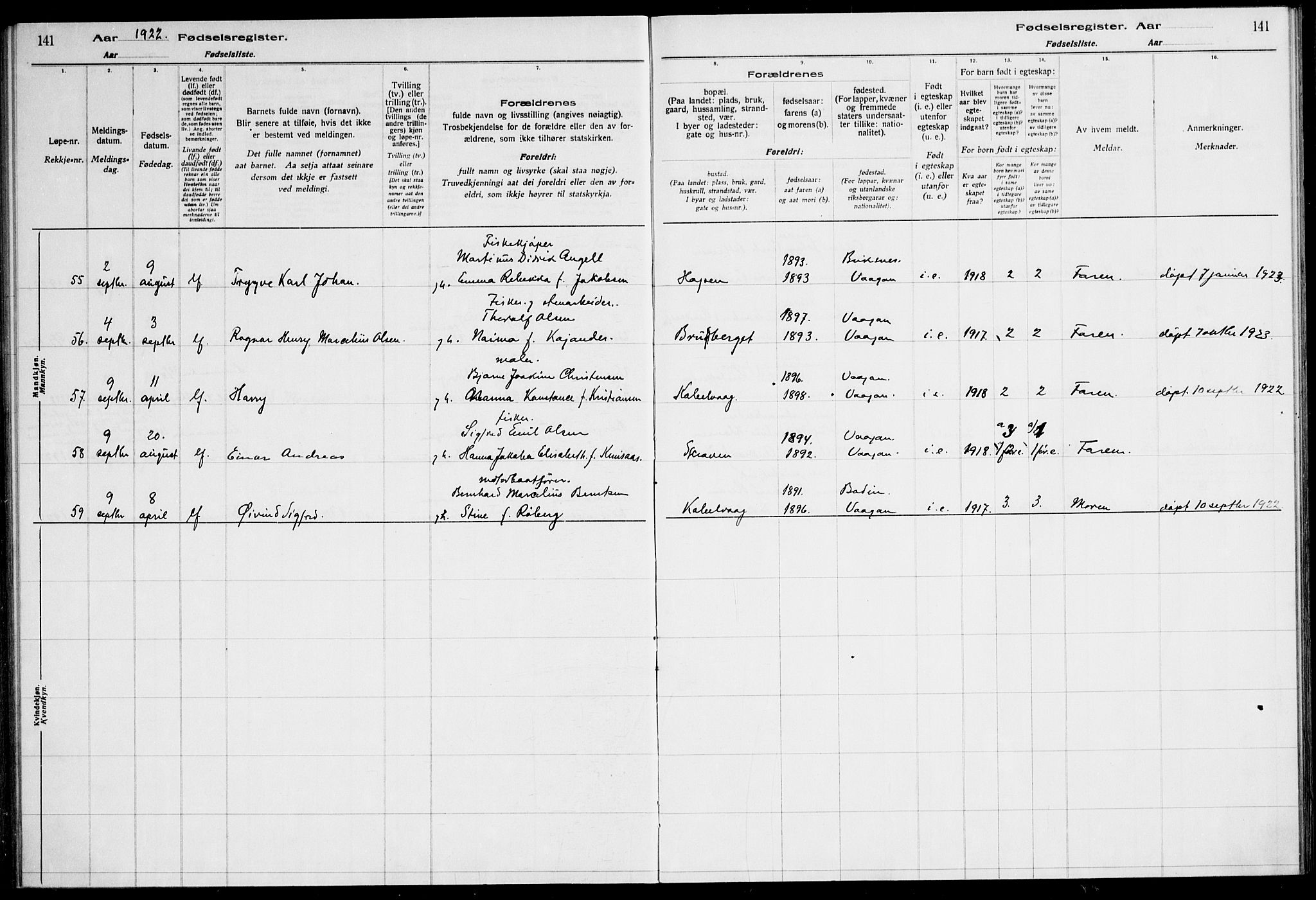 Ministerialprotokoller, klokkerbøker og fødselsregistre - Nordland, AV/SAT-A-1459/874/L1089: Birth register no. 874.II.4.1, 1916-1926, p. 141