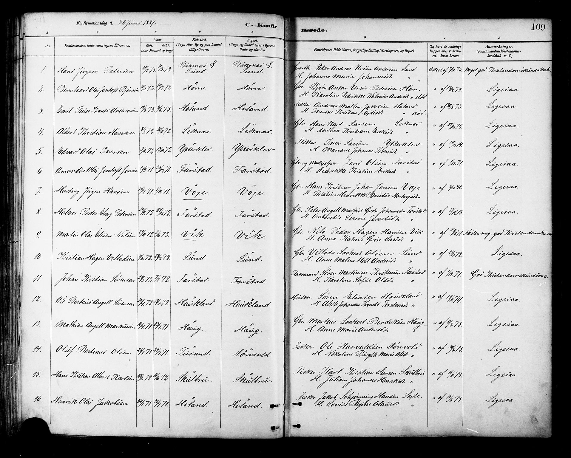 Ministerialprotokoller, klokkerbøker og fødselsregistre - Nordland, AV/SAT-A-1459/881/L1167: Parish register (copy) no. 881C04, 1886-1899, p. 109