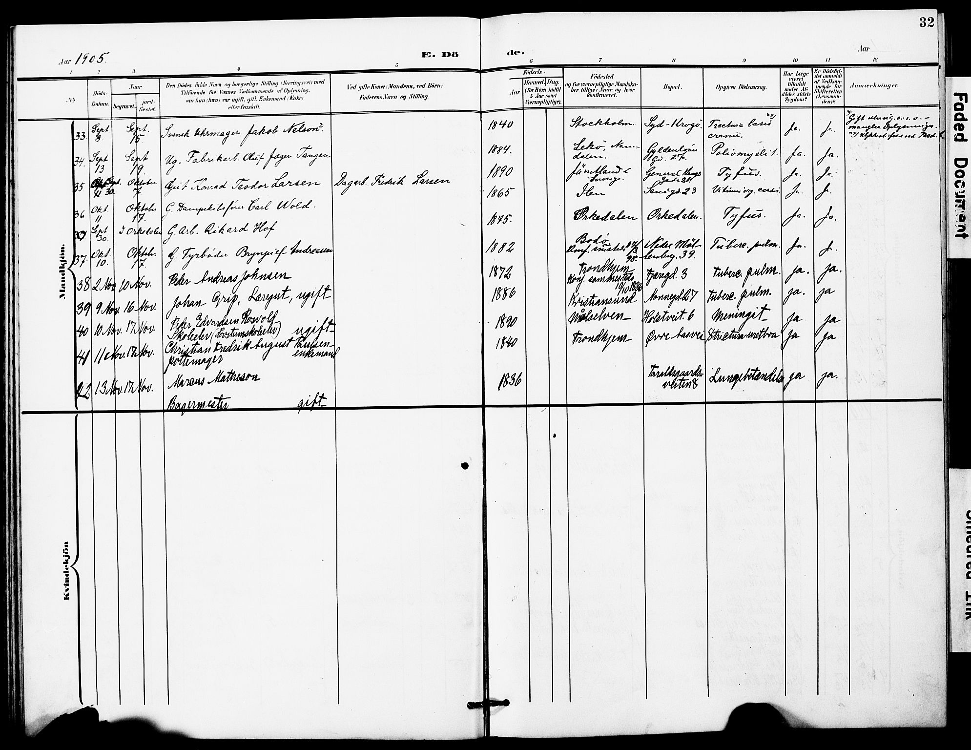 Ministerialprotokoller, klokkerbøker og fødselsregistre - Sør-Trøndelag, AV/SAT-A-1456/628/L0483: Parish register (official) no. 628A01, 1902-1920, p. 32