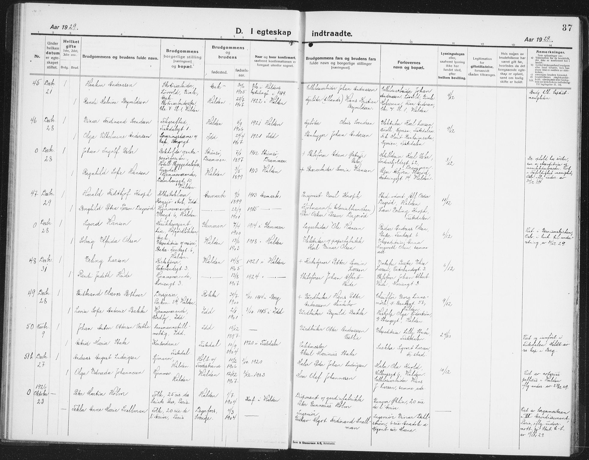 Halden prestekontor Kirkebøker, SAO/A-10909/G/Ga/L0014: Parish register (copy) no. 14, 1925-1943, p. 37