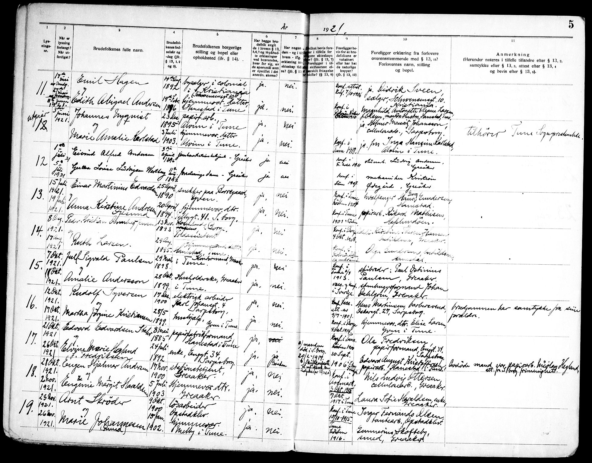 Tune prestekontor Kirkebøker, AV/SAO-A-2007/H/Hb/L0001: Banns register no. II 1, 1920-1951, p. 5