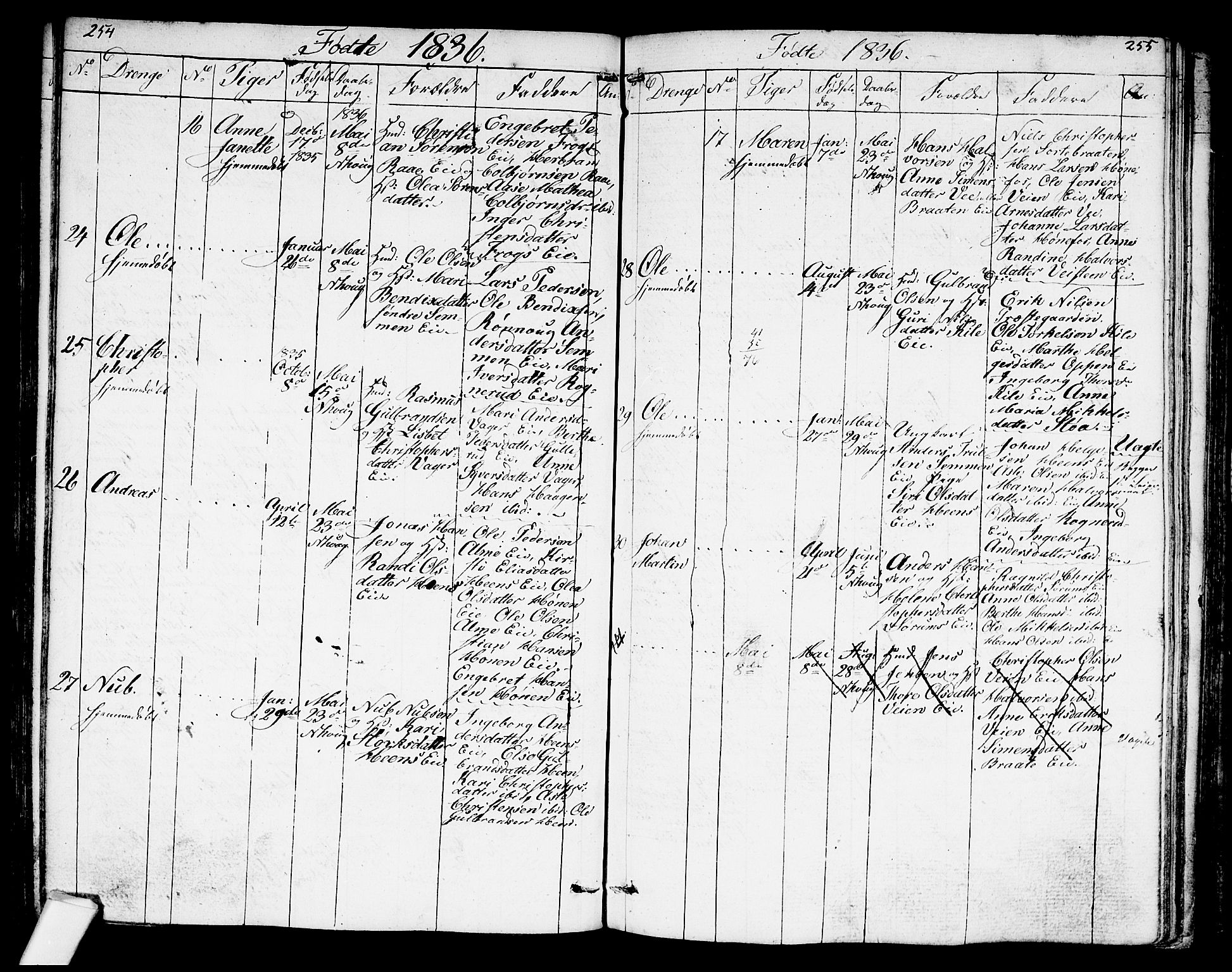 Norderhov kirkebøker, AV/SAKO-A-237/G/Ga/L0004: Parish register (copy) no. I 4, 1824-1849, p. 254-255