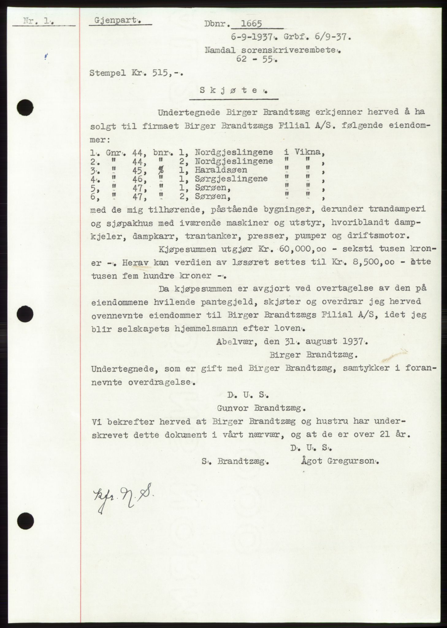 Namdal sorenskriveri, SAT/A-4133/1/2/2C: Mortgage book no. -, 1937-1939, Deed date: 06.09.1937