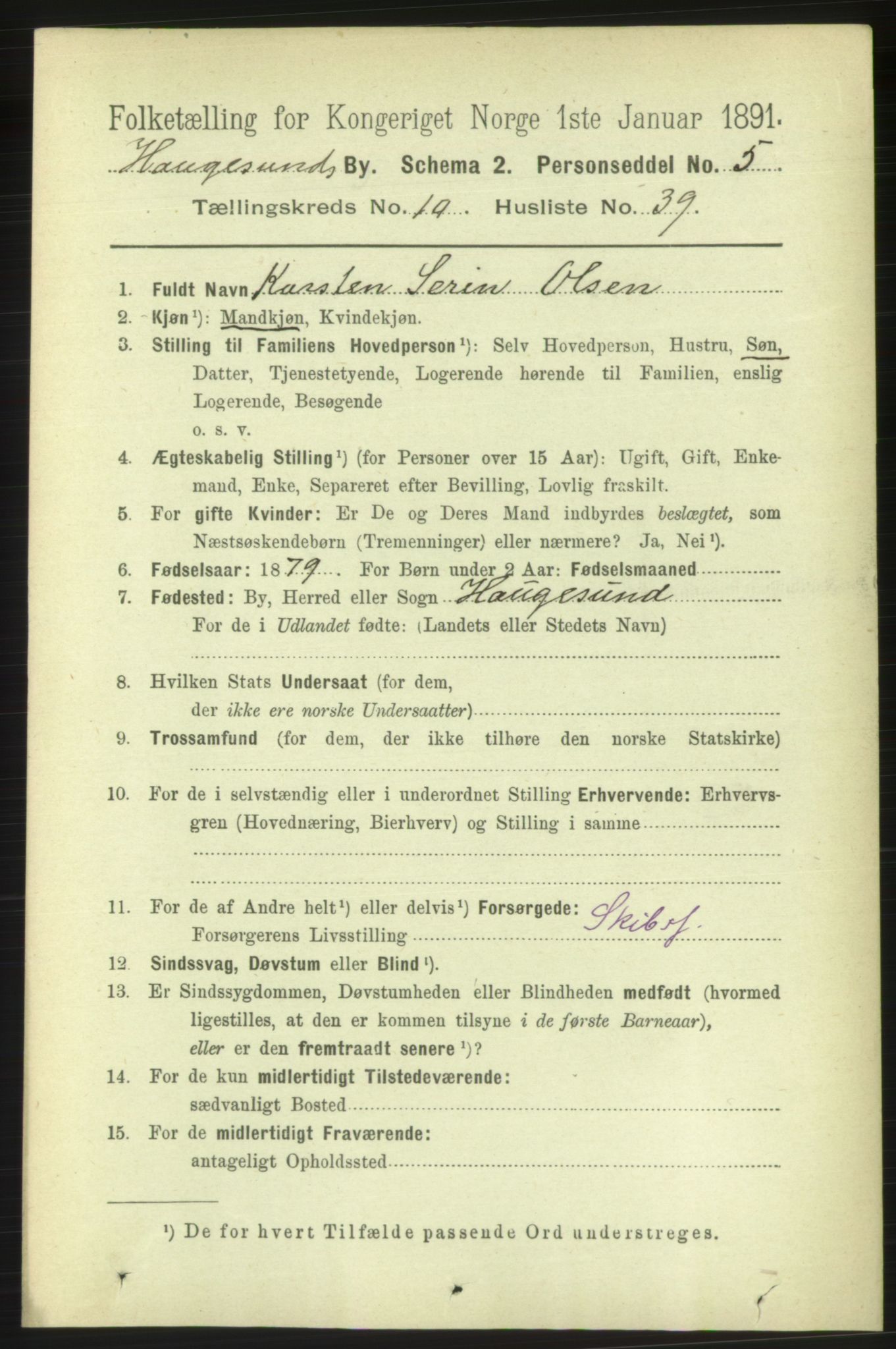 RA, 1891 census for 1106 Haugesund, 1891, p. 3939