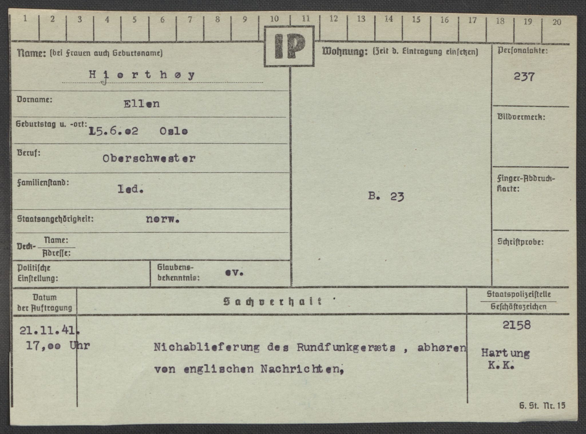 Befehlshaber der Sicherheitspolizei und des SD, AV/RA-RAFA-5969/E/Ea/Eaa/L0004: Register over norske fanger i Møllergata 19: Hal-Hæ, 1940-1945, p. 1149