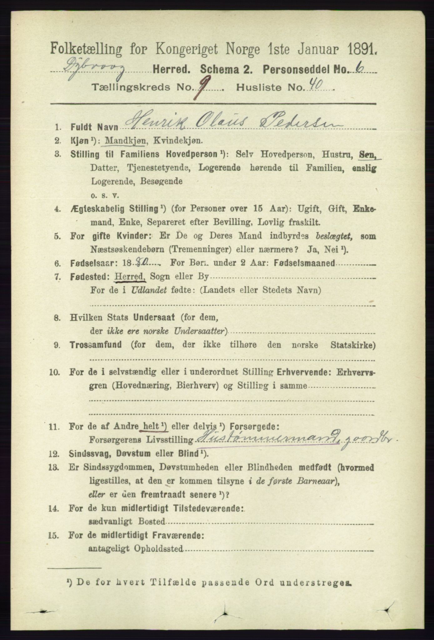 RA, 1891 census for 0915 Dypvåg, 1891, p. 3529