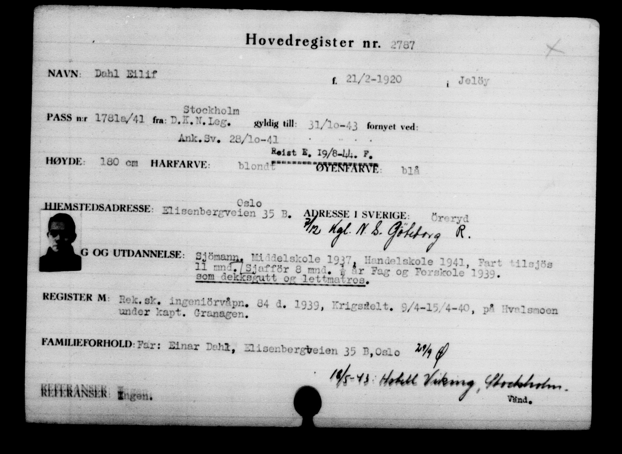 Utenriksstasjonene, Legasjonen i Stockholm, Flyktningkontoret, AV/RA-S-6753/V/Va/L0003: Kjesäterkartoteket, flyktninger med registreringsnr. 2001-3495, 1940-1945, p. 1180