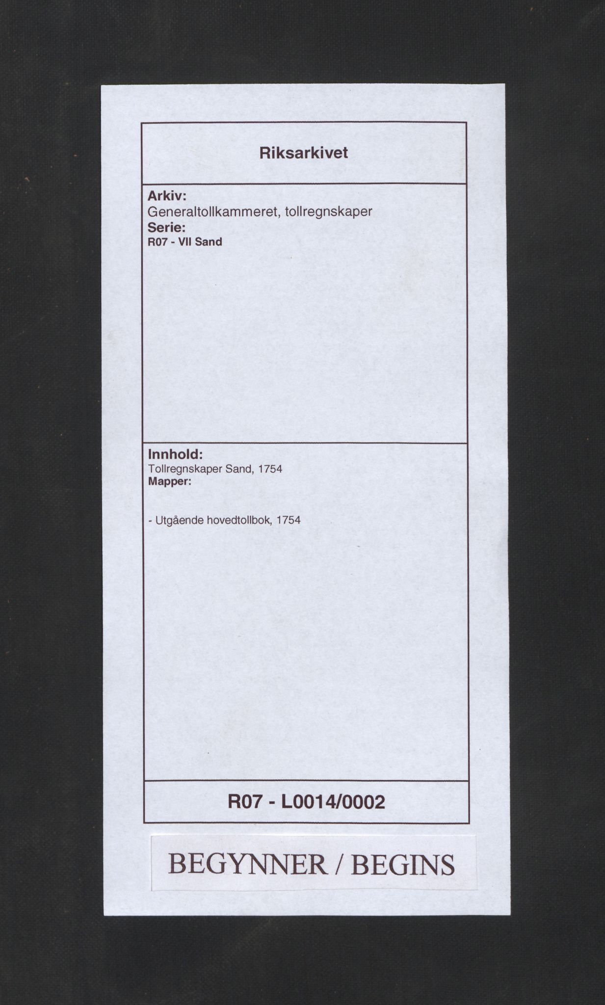Generaltollkammeret, tollregnskaper, RA/EA-5490/R07/L0014/0002: Tollregnskaper Sand / Utgående hovedtollbok, 1754
