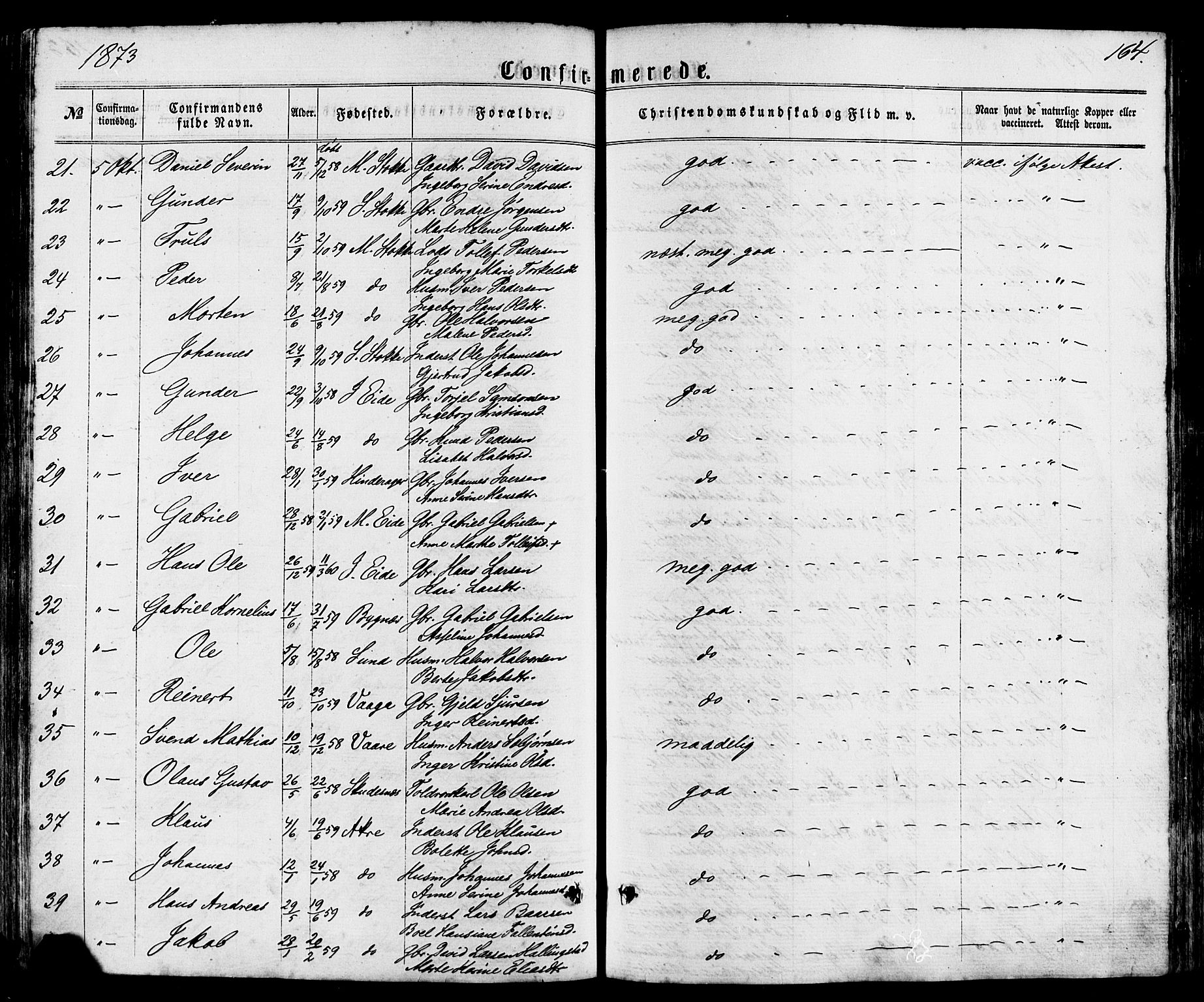 Avaldsnes sokneprestkontor, AV/SAST-A -101851/H/Ha/Haa/L0011: Parish register (official) no. A 11, 1861-1880, p. 164