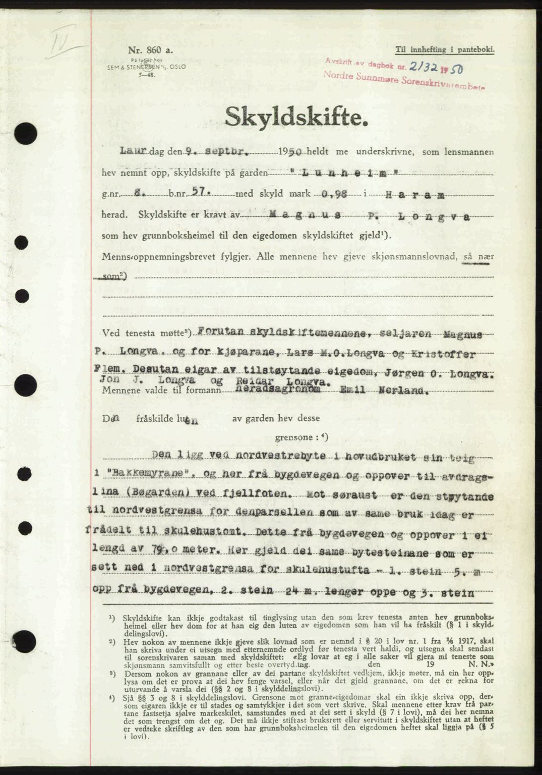 Nordre Sunnmøre sorenskriveri, AV/SAT-A-0006/1/2/2C/2Ca: Mortgage book no. A35, 1950-1950, Diary no: : 2132/1950