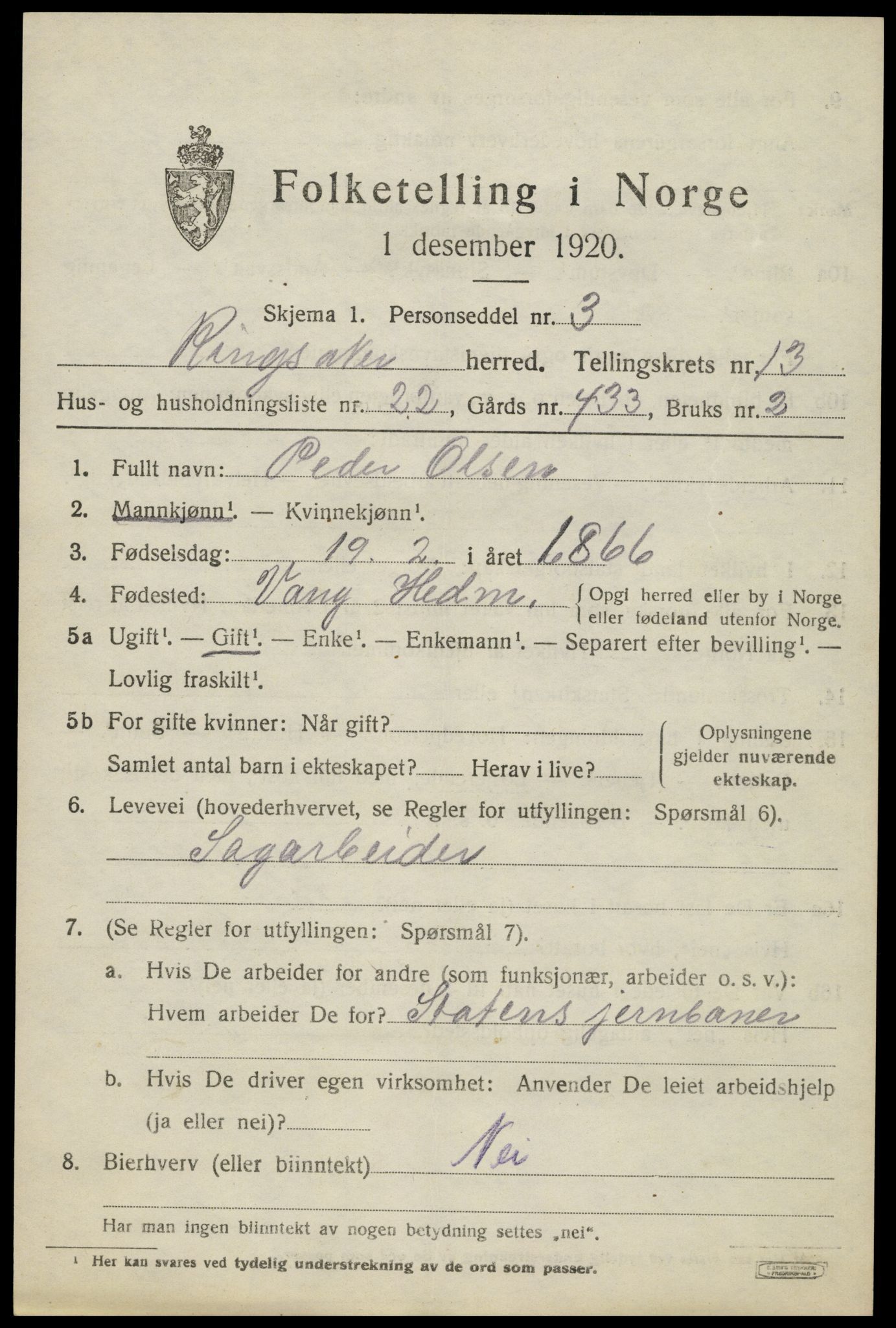 SAH, 1920 census for Ringsaker, 1920, p. 20932