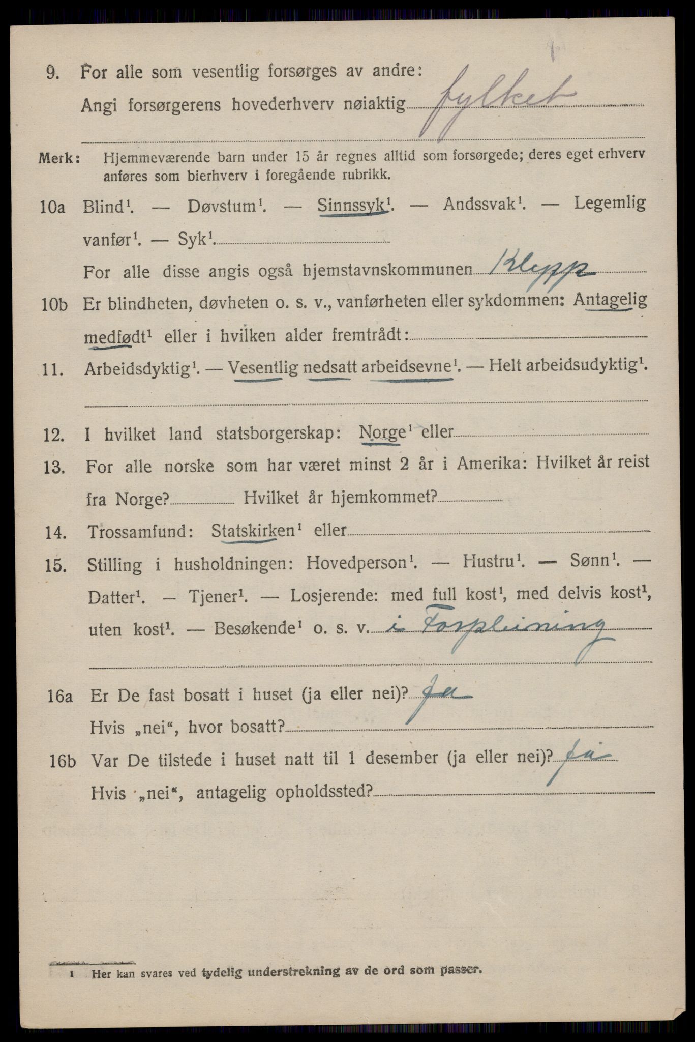 SAST, 1920 census for Klepp, 1920, p. 6023