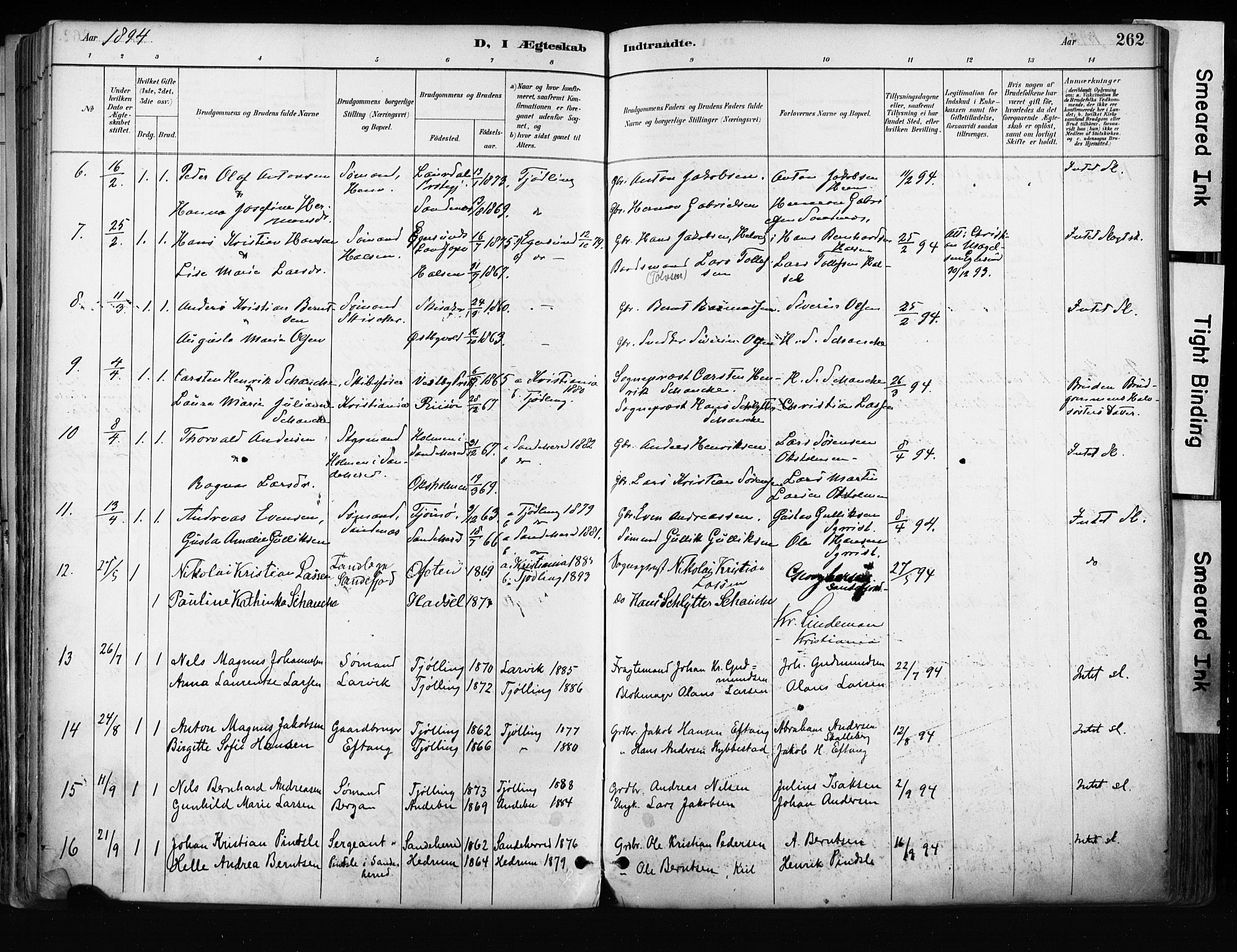 Tjølling kirkebøker, AV/SAKO-A-60/F/Fa/L0009: Parish register (official) no. 9, 1887-1905, p. 262