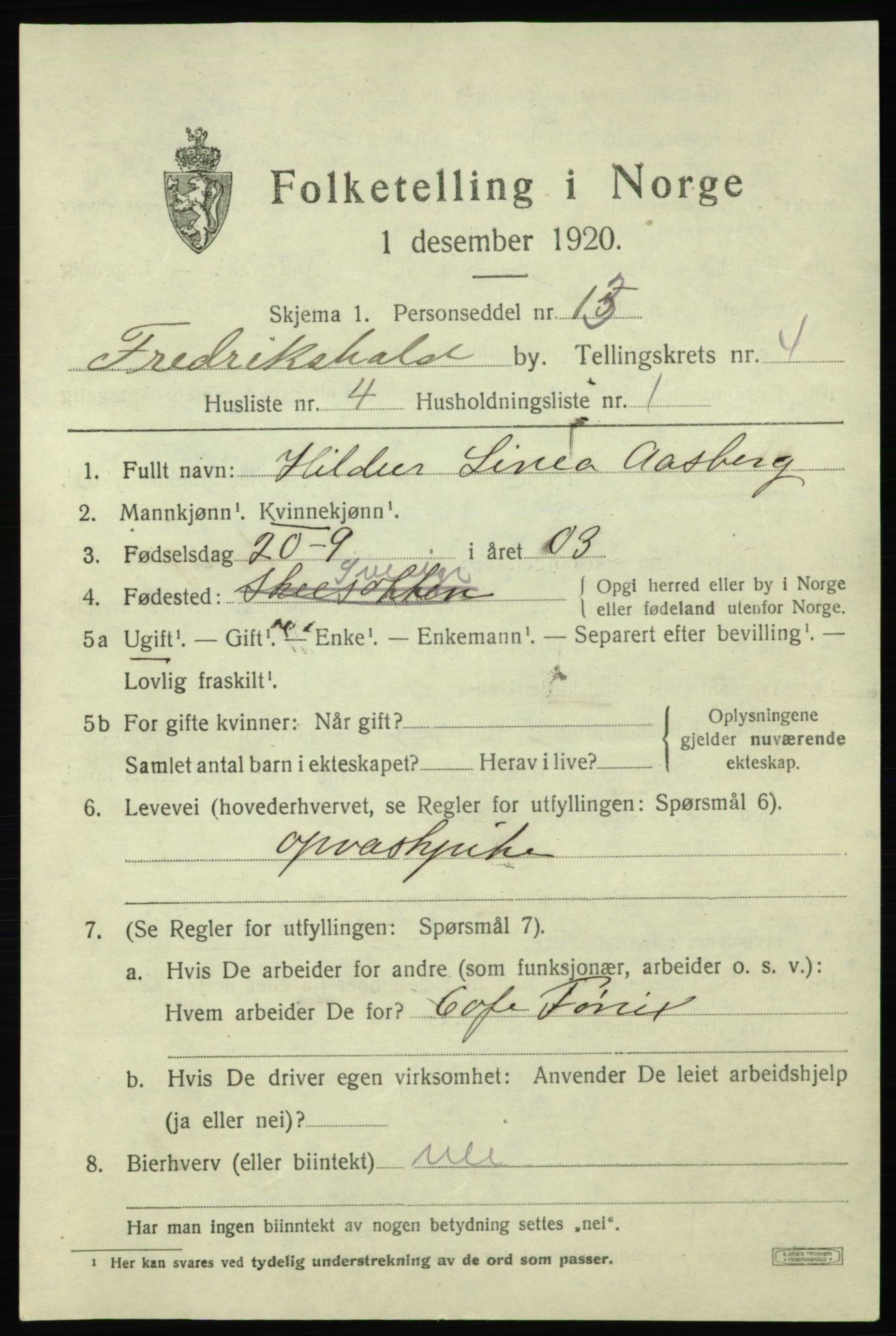 SAO, 1920 census for Fredrikshald, 1920, p. 11351