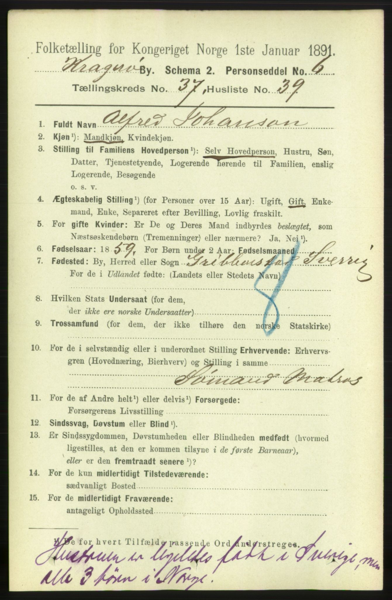 RA, 1891 census for 0801 Kragerø, 1891, p. 7014