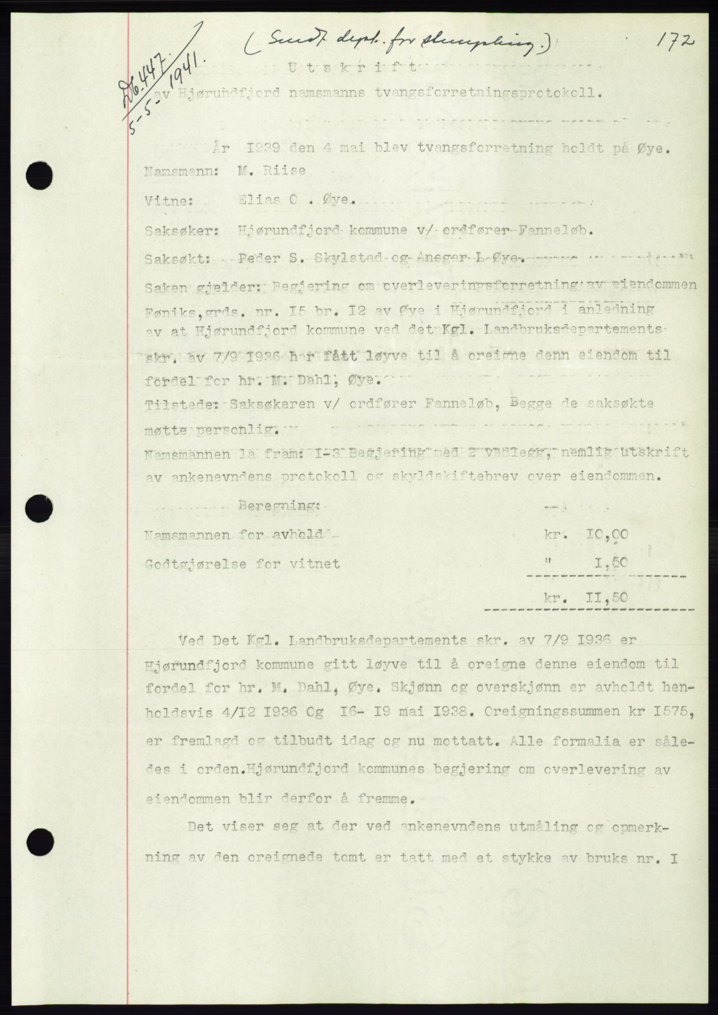 Søre Sunnmøre sorenskriveri, AV/SAT-A-4122/1/2/2C/L0071: Mortgage book no. 65, 1941-1941, Diary no: : 447/1941