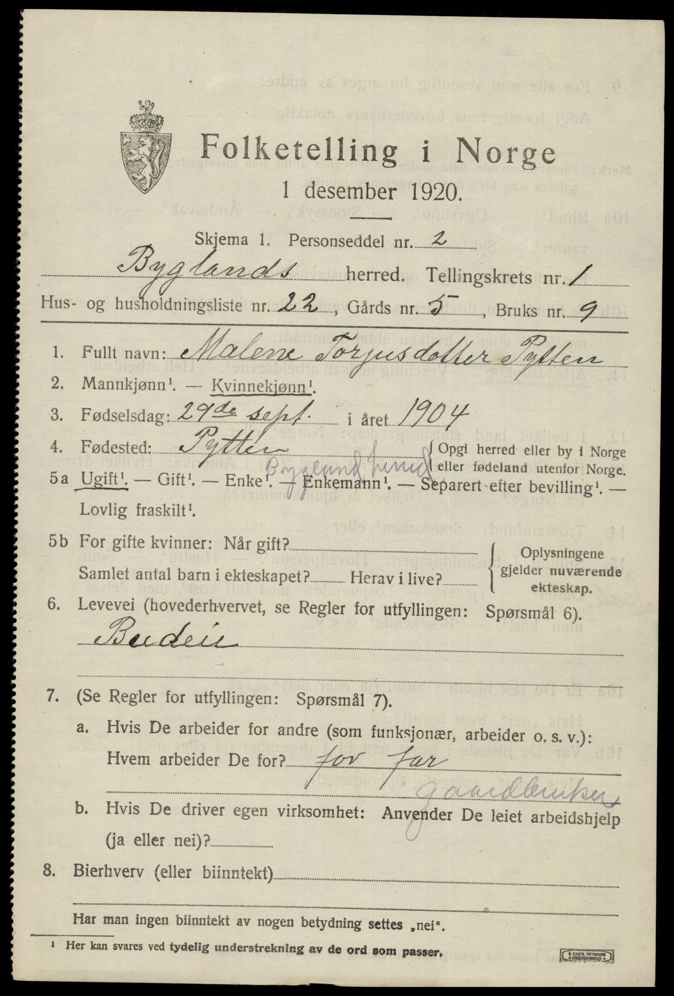 SAK, 1920 census for Bygland, 1920, p. 1085