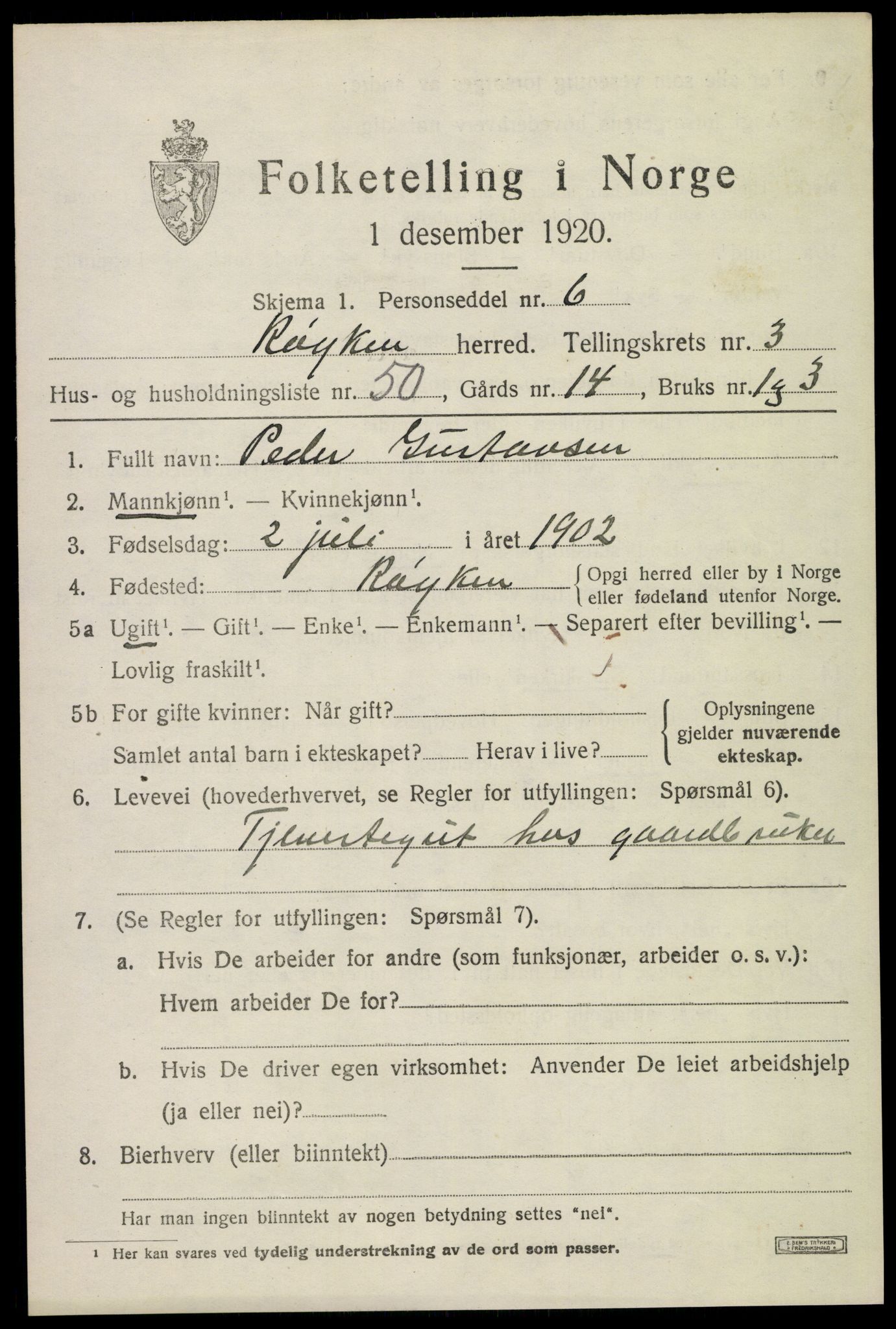 SAKO, 1920 census for Røyken, 1920, p. 4758