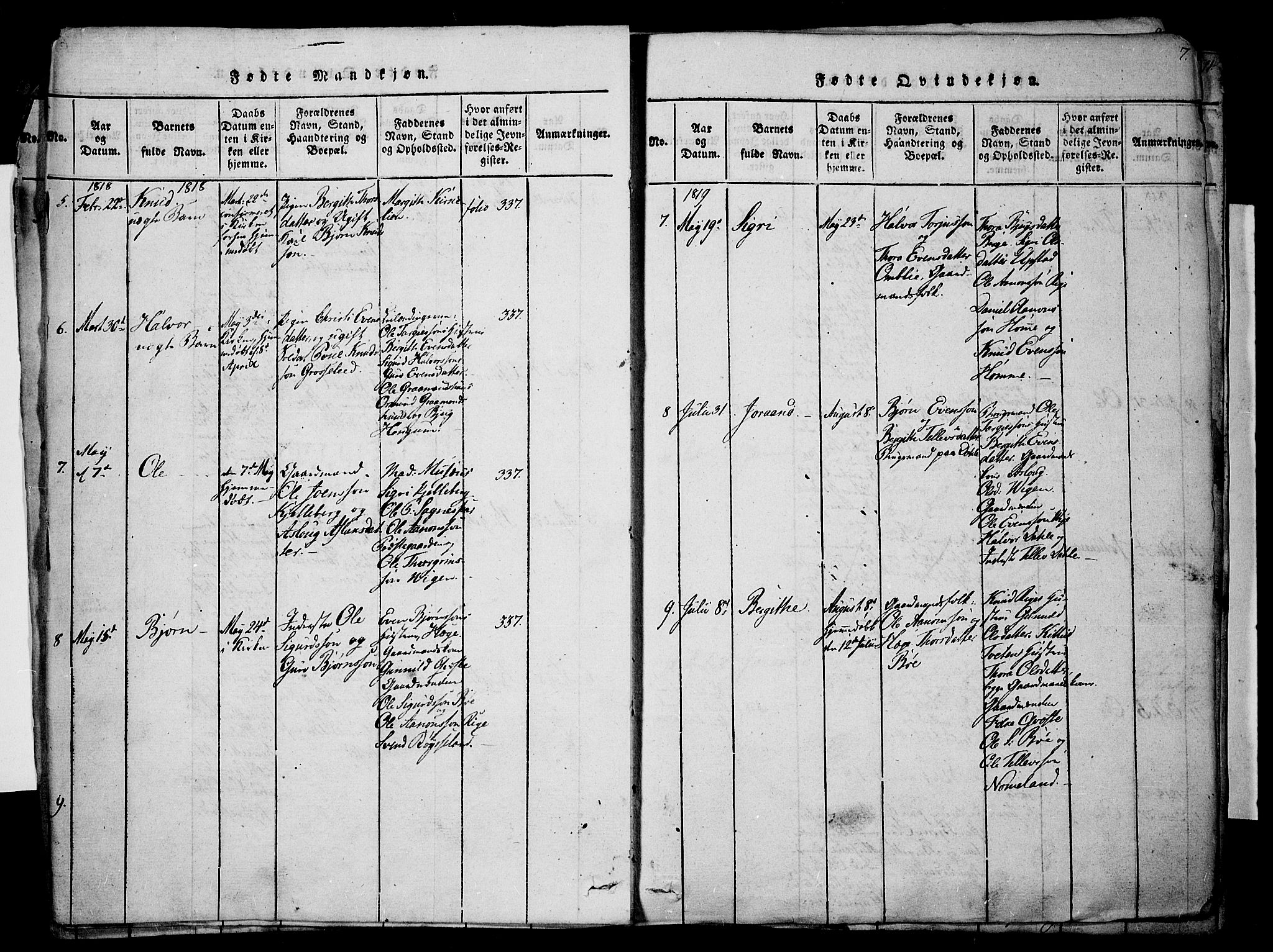 Valle sokneprestkontor, SAK/1111-0044/F/Fa/Fac/L0005: Parish register (official) no. A 5 /1, 1816-1831, p. 7