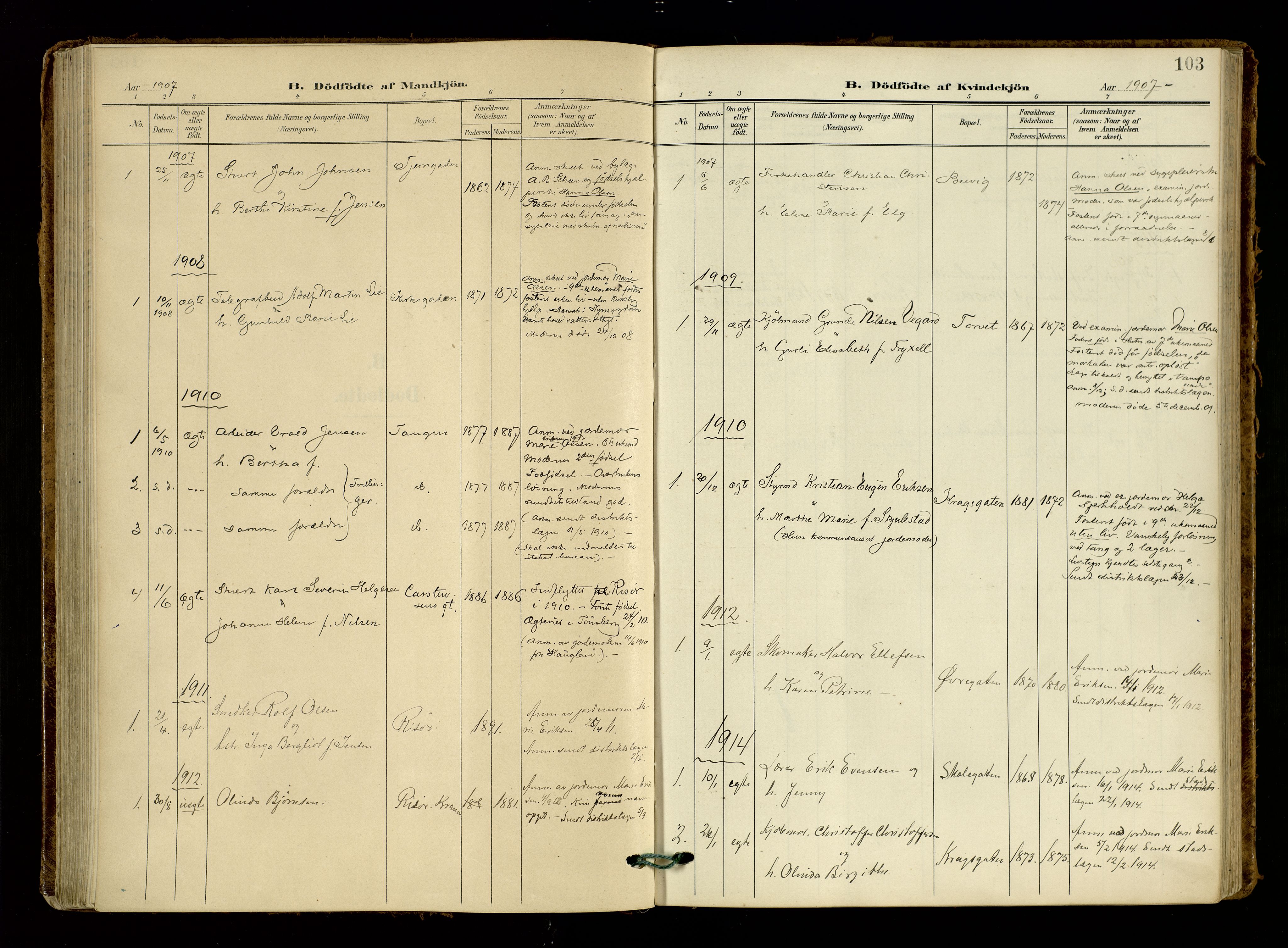 Risør sokneprestkontor, AV/SAK-1111-0035/F/Fa/L0011: Parish register (official) no. A 11, 1907-1920, p. 103