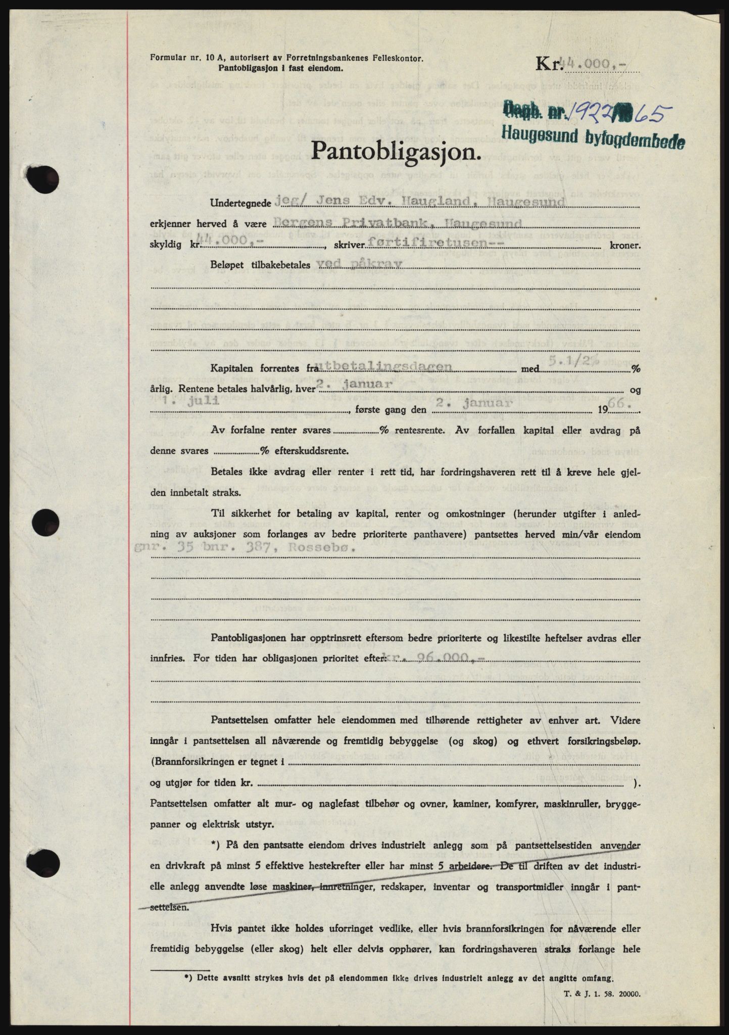 Haugesund tingrett, SAST/A-101415/01/II/IIC/L0053: Mortgage book no. B 53, 1965-1965, Diary no: : 1922/1965