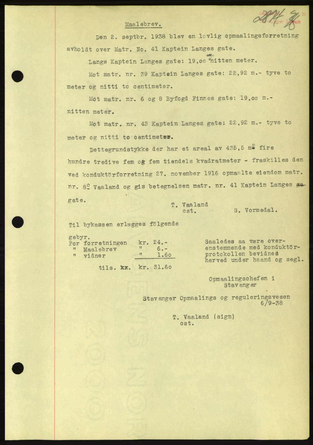 Stavanger byrett, SAST/A-100455/002/G/Gb/L0014: Mortgage book no. A4, 1938-1939, Diary no: : 2874/1938