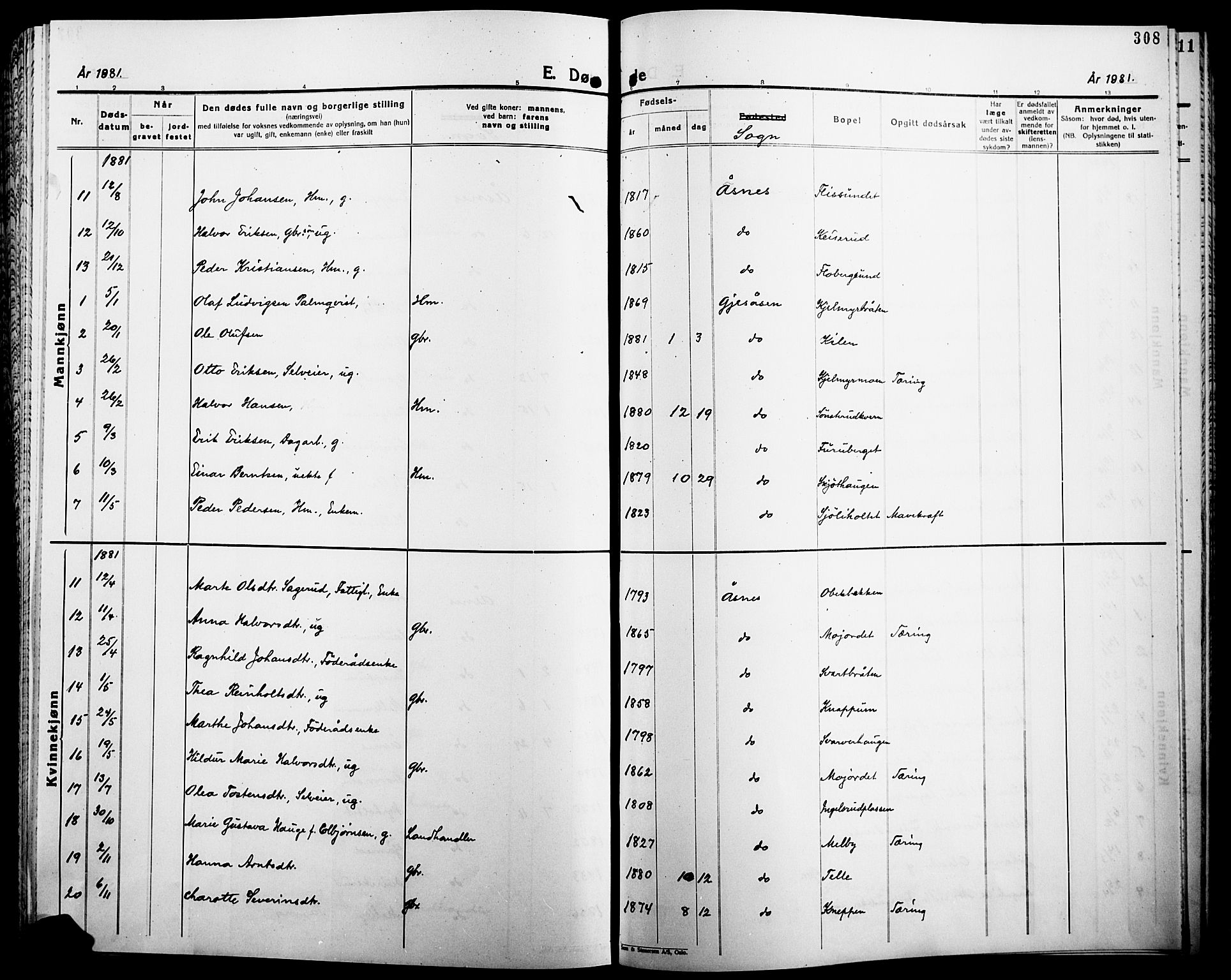 Åsnes prestekontor, AV/SAH-PREST-042/H/Ha/Haa/L0000B: Parish register (official), 1870-1889, p. 308