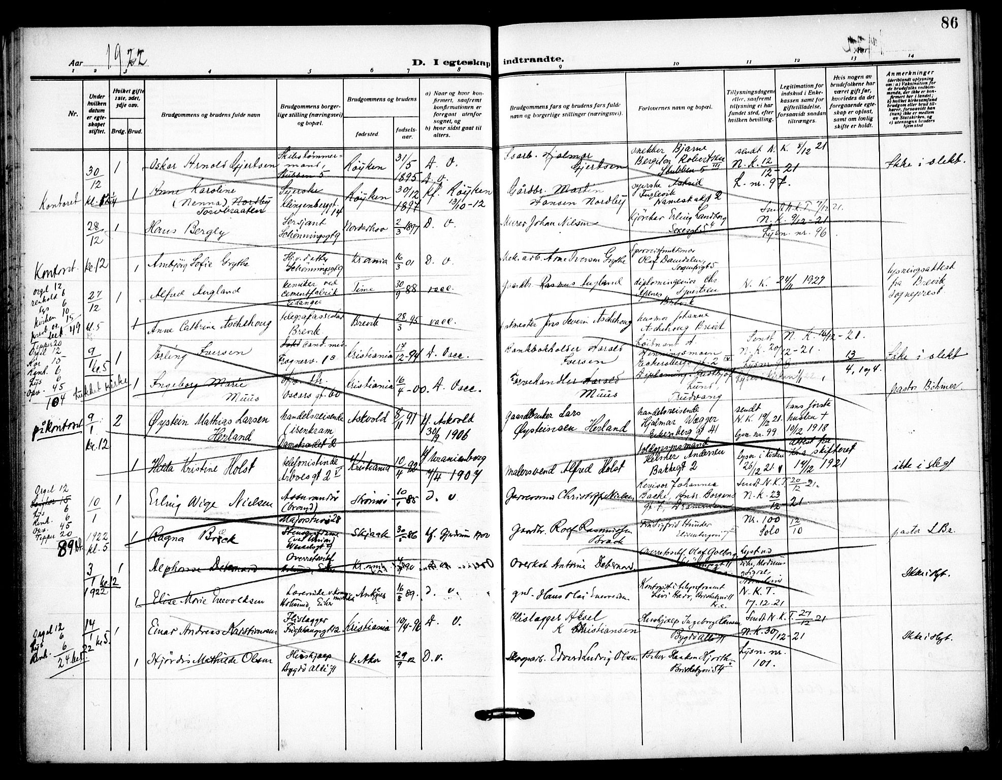 Uranienborg prestekontor Kirkebøker, SAO/A-10877/H/Ha/L0005: Banns register no. I 5, 1915-1928, p. 86
