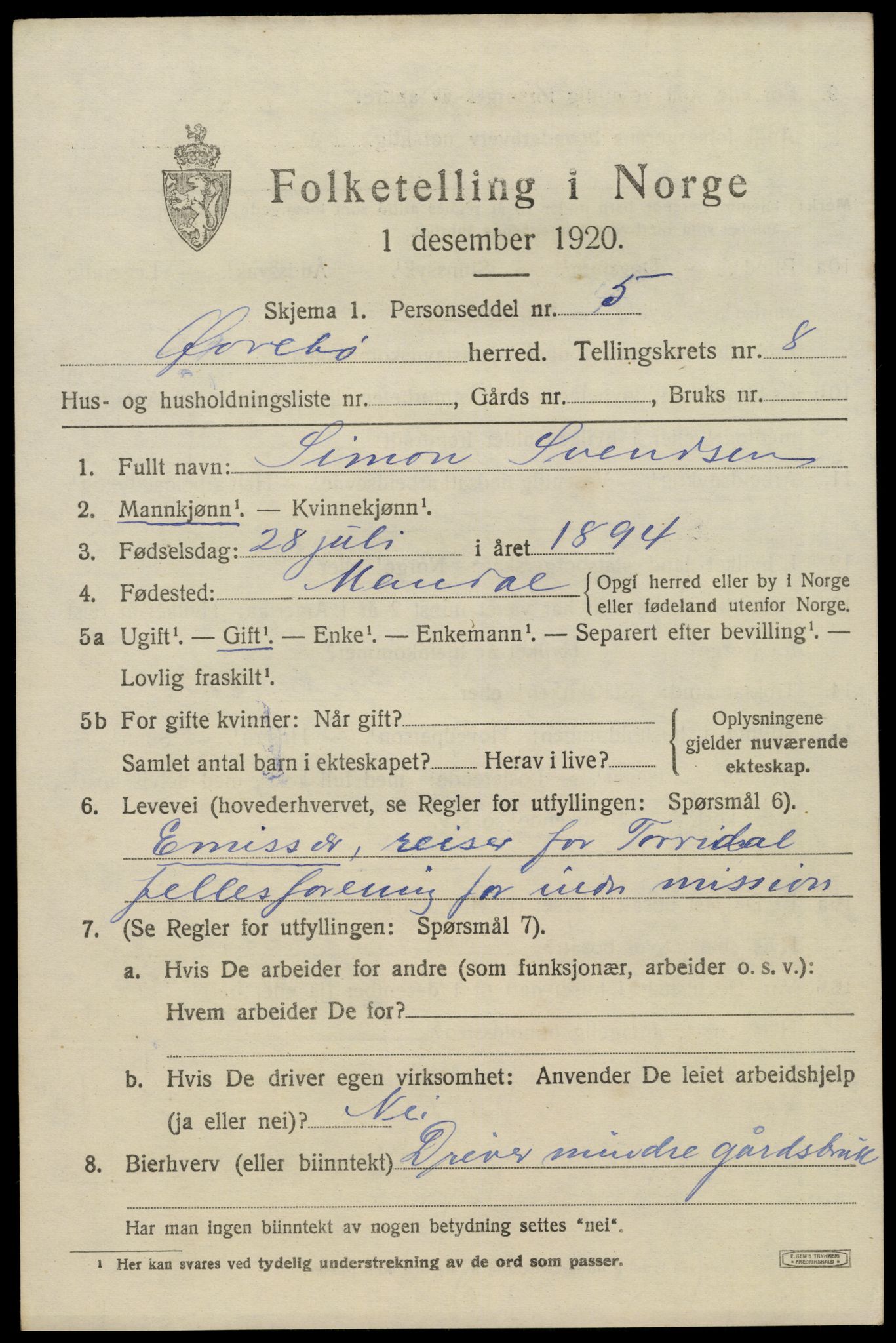 SAK, 1920 census for Øvrebø, 1920, p. 1930