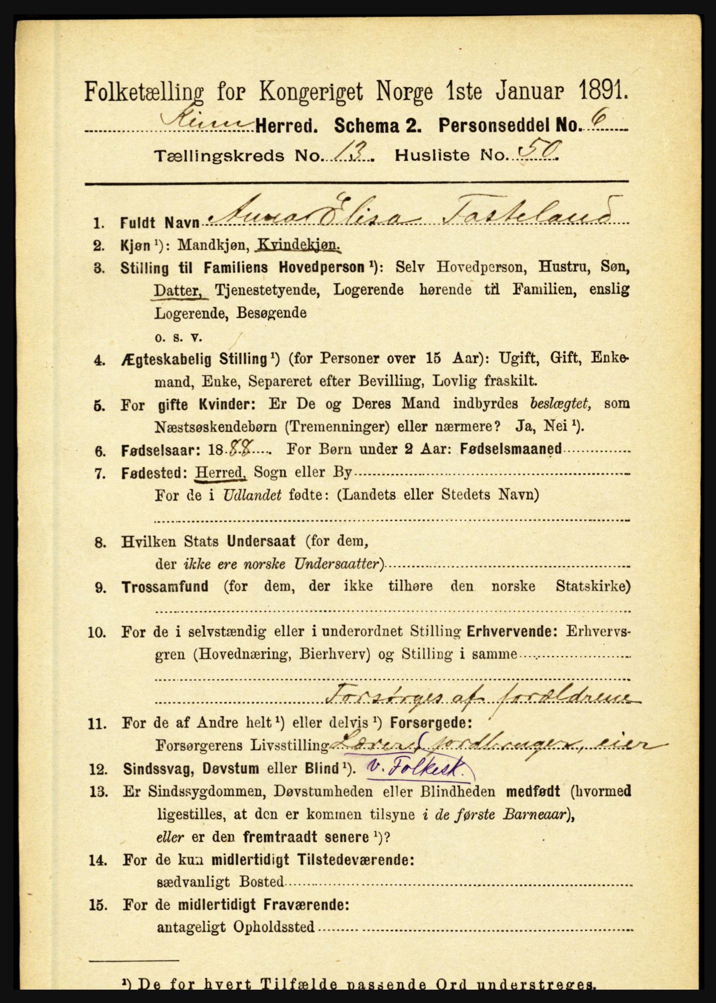 RA, 1891 census for 1437 Kinn, 1891, p. 5404