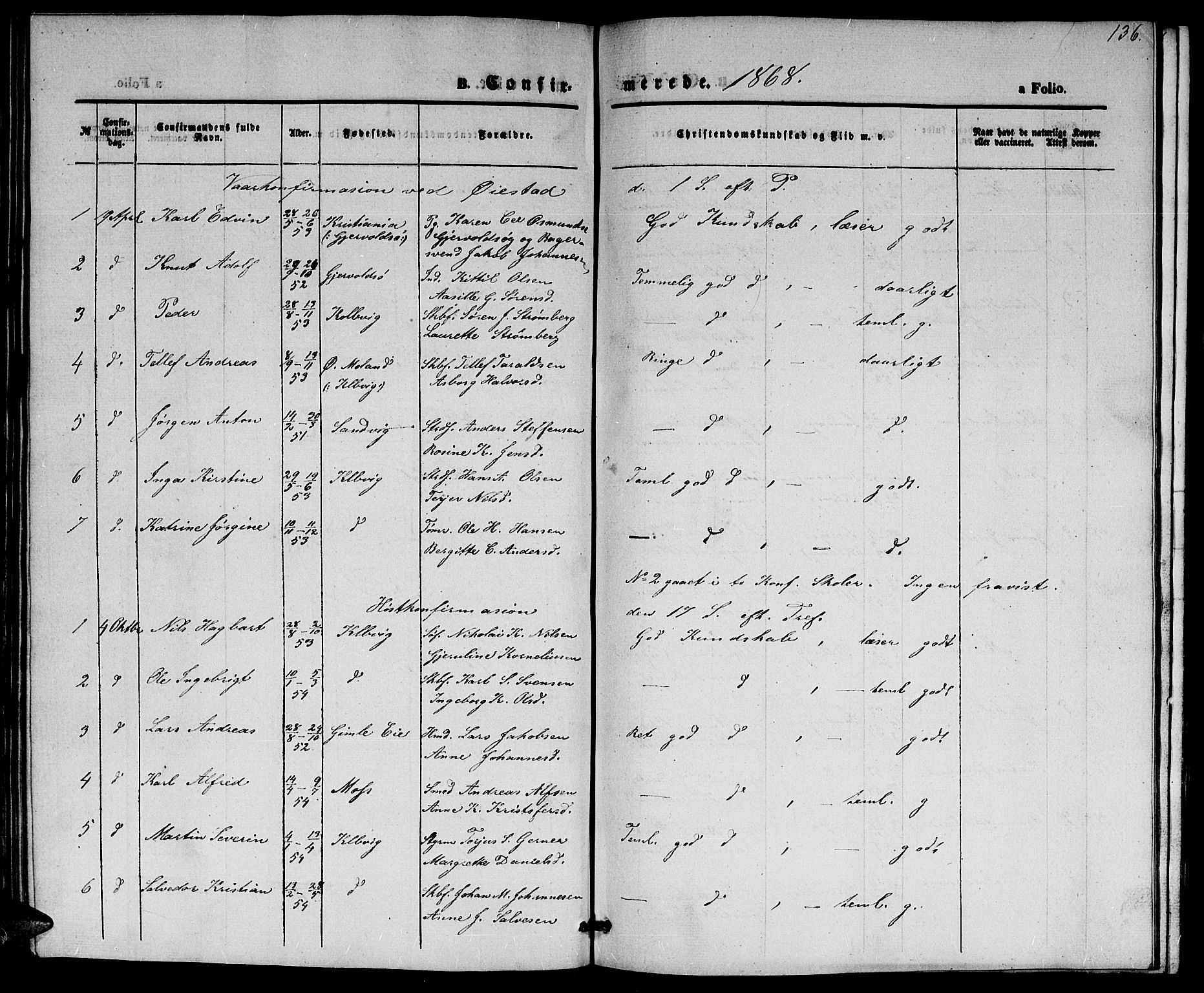 Hisøy sokneprestkontor, SAK/1111-0020/F/Fb/L0001: Parish register (copy) no. B 1, 1849-1872, p. 136